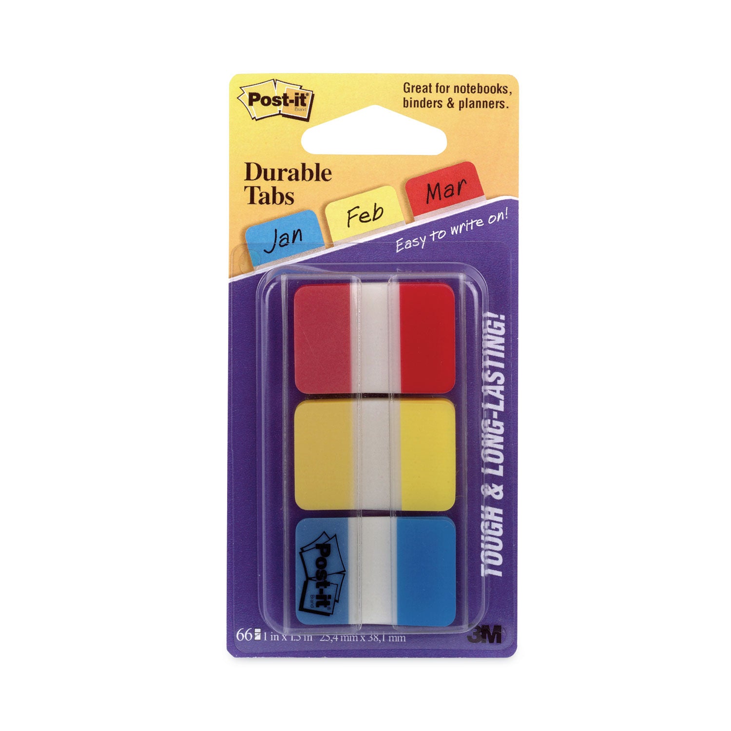 1" Plain Solid Color Tabs, 1/5-Cut, Assorted Primary Colors, 1" Wide, 66/Pack - 