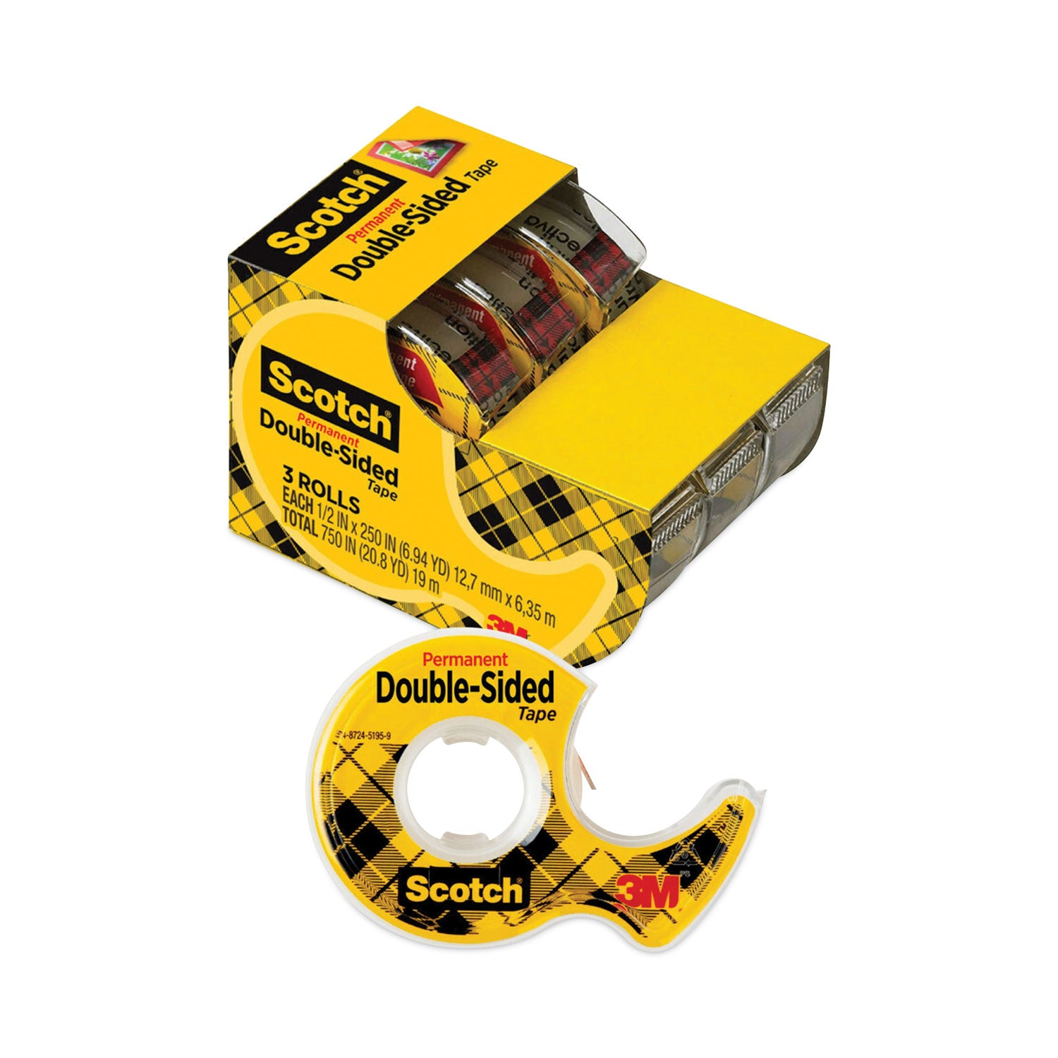 Double-Sided Permanent Tape in Handheld Dispenser, 1" Core, 0.5" x 20.83 ft, Clear, 3/Pack - 
