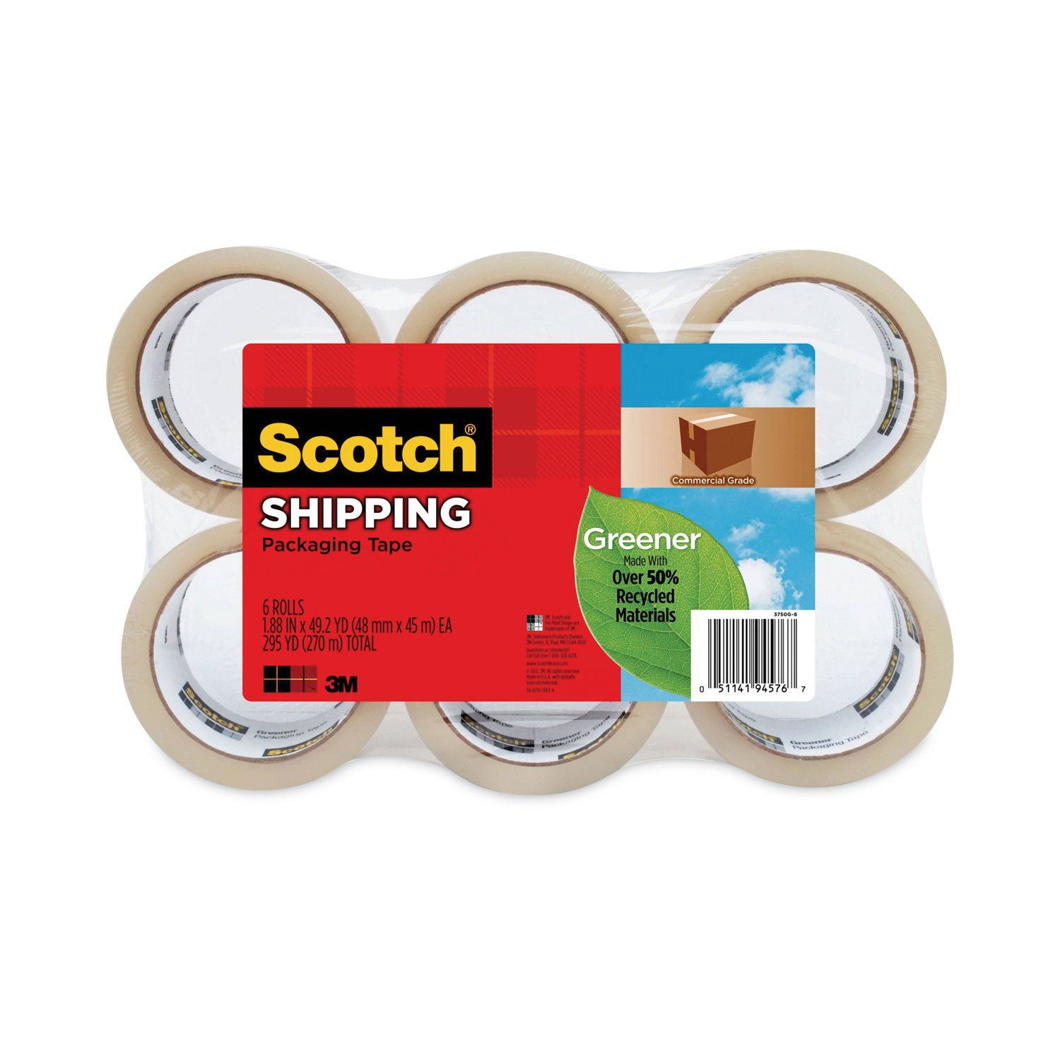 Greener Commercial Grade Packaging Tape, 3" Core, 1.88" x 49.2 yds, Clear, 6/Pack - 
