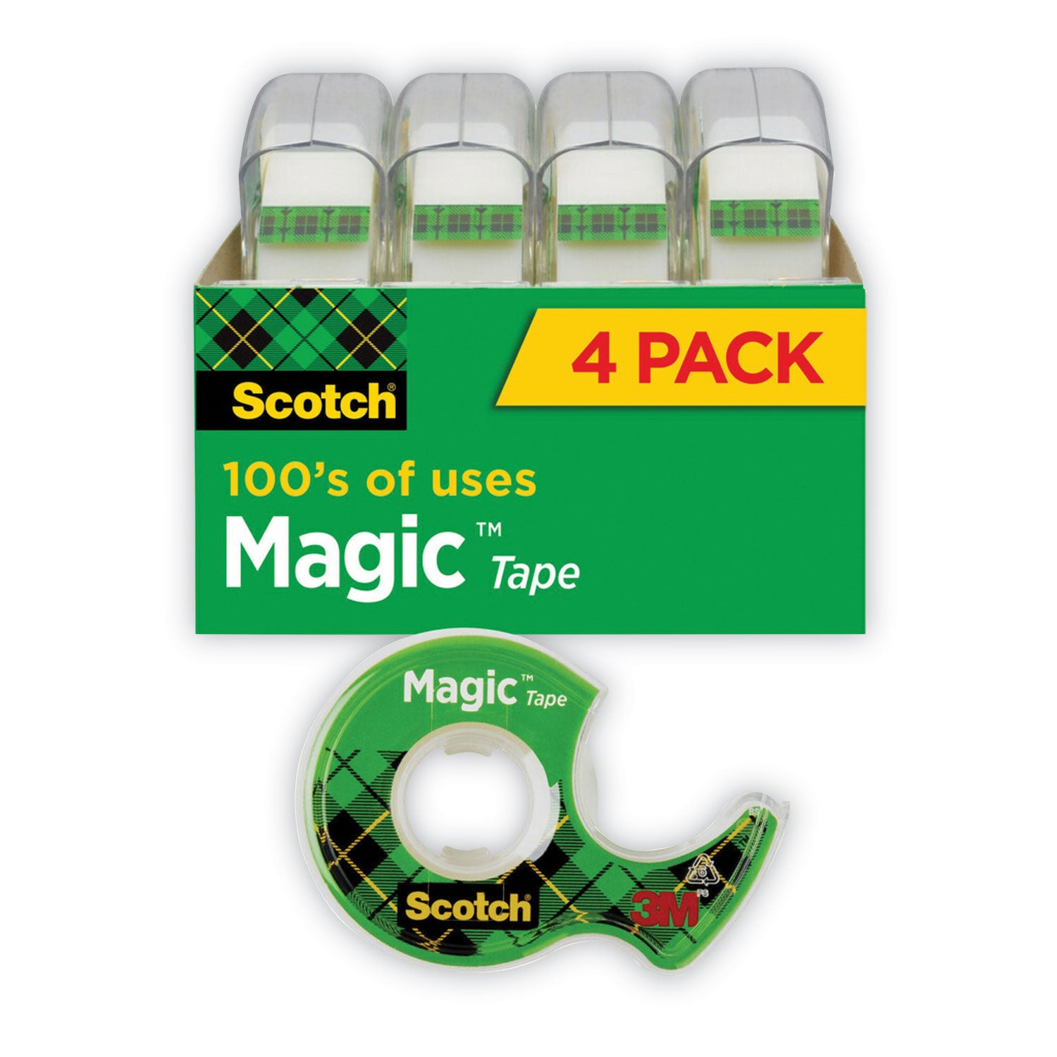 Magic Tape in Handheld Dispenser, 1" Core, 0.75" x 25 ft, Clear, 4/Pack - 