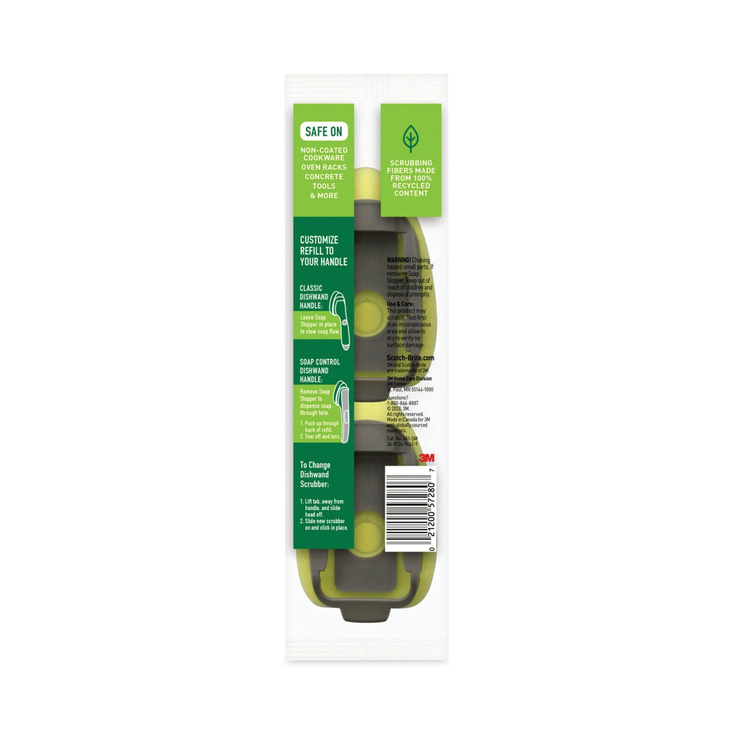 Soap-Dispensing Dishwand Sponge Refills, 2.9 x 2.2, Green, 2/Pack