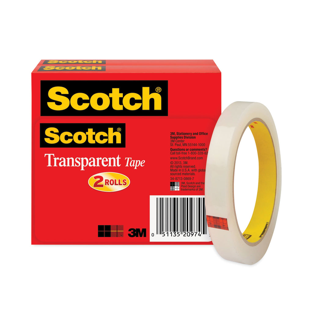 Transparent Tape, 3" Core, 0.5" x 72 yds, Transparent, 2/Pack