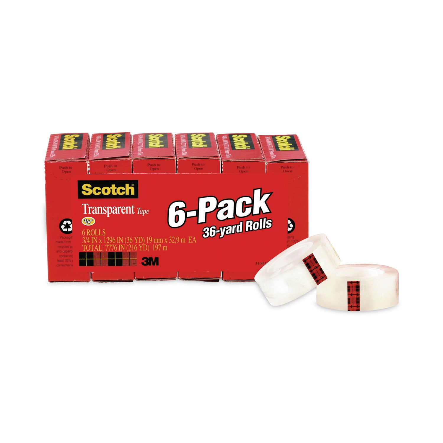 Transparent Tape, 1" Core, 0.75" x 36 yds, Transparent, 6/Pack
