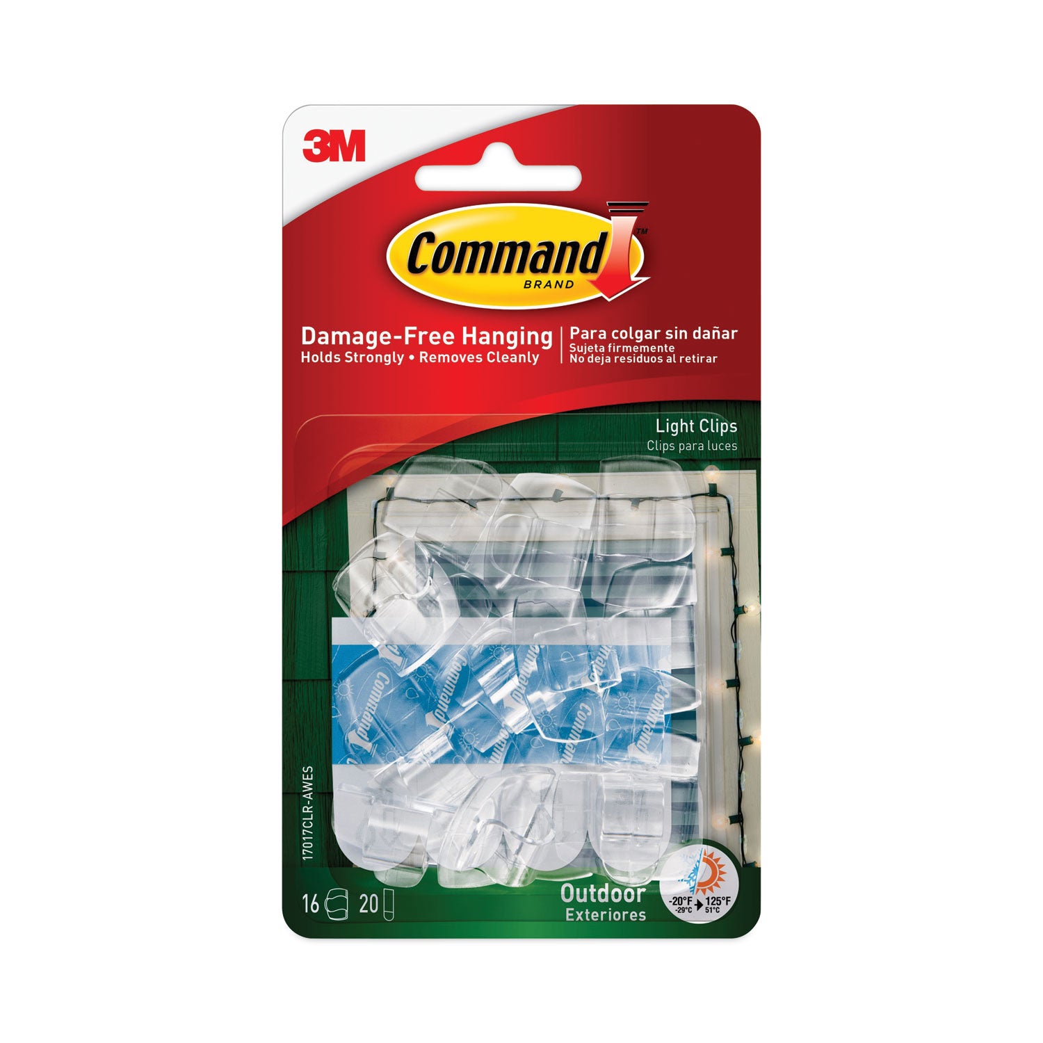 All Weather Hooks and Strips, Small, Plastic, Clear, 16 Clips and 20 Strips/Pack