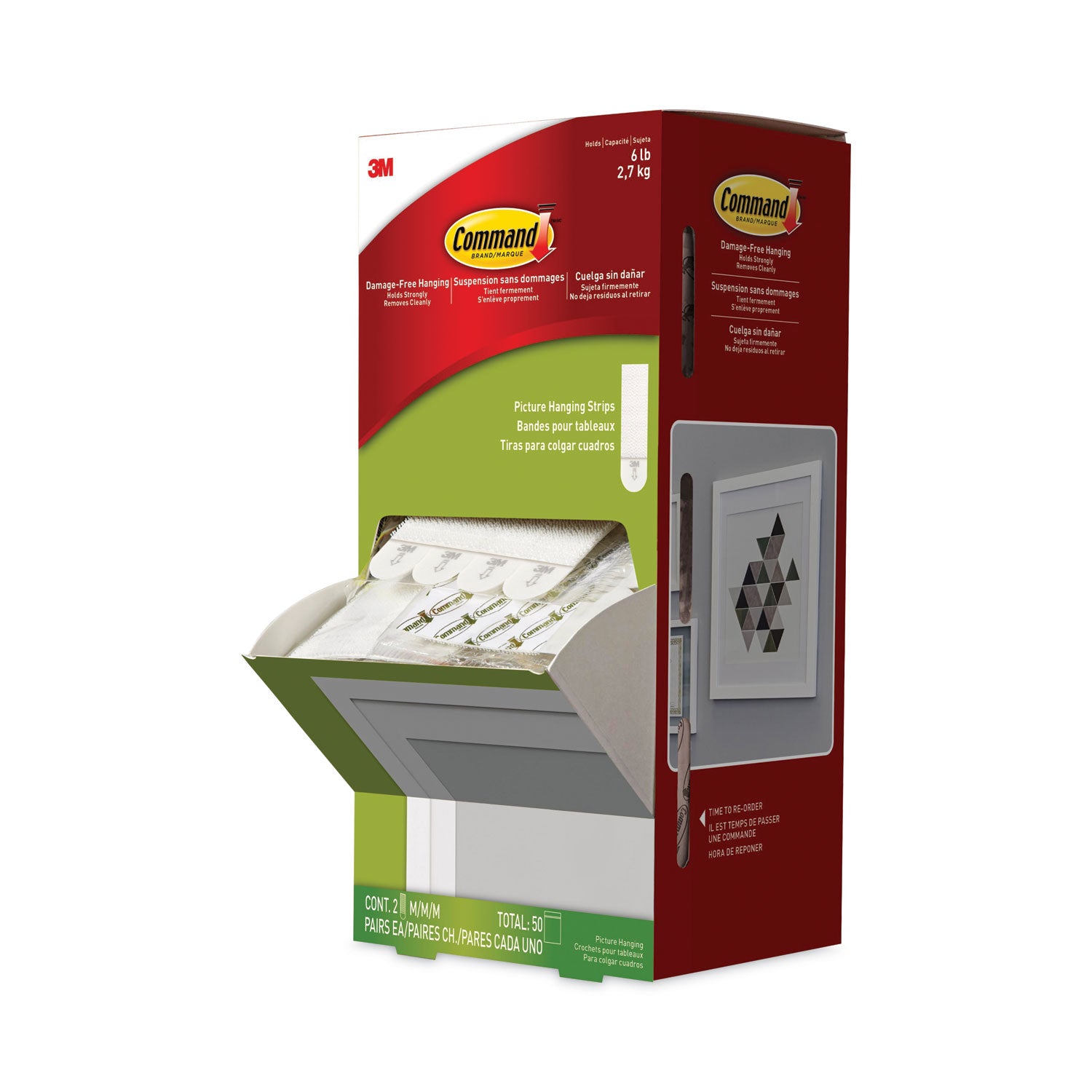 Picture Hanging Strips, Cabinet Pack, Removable, Holds Up to 6 lbs per Pair, 0.75 x 2.75, White, 4/Set, 50 Sets/Carton - 