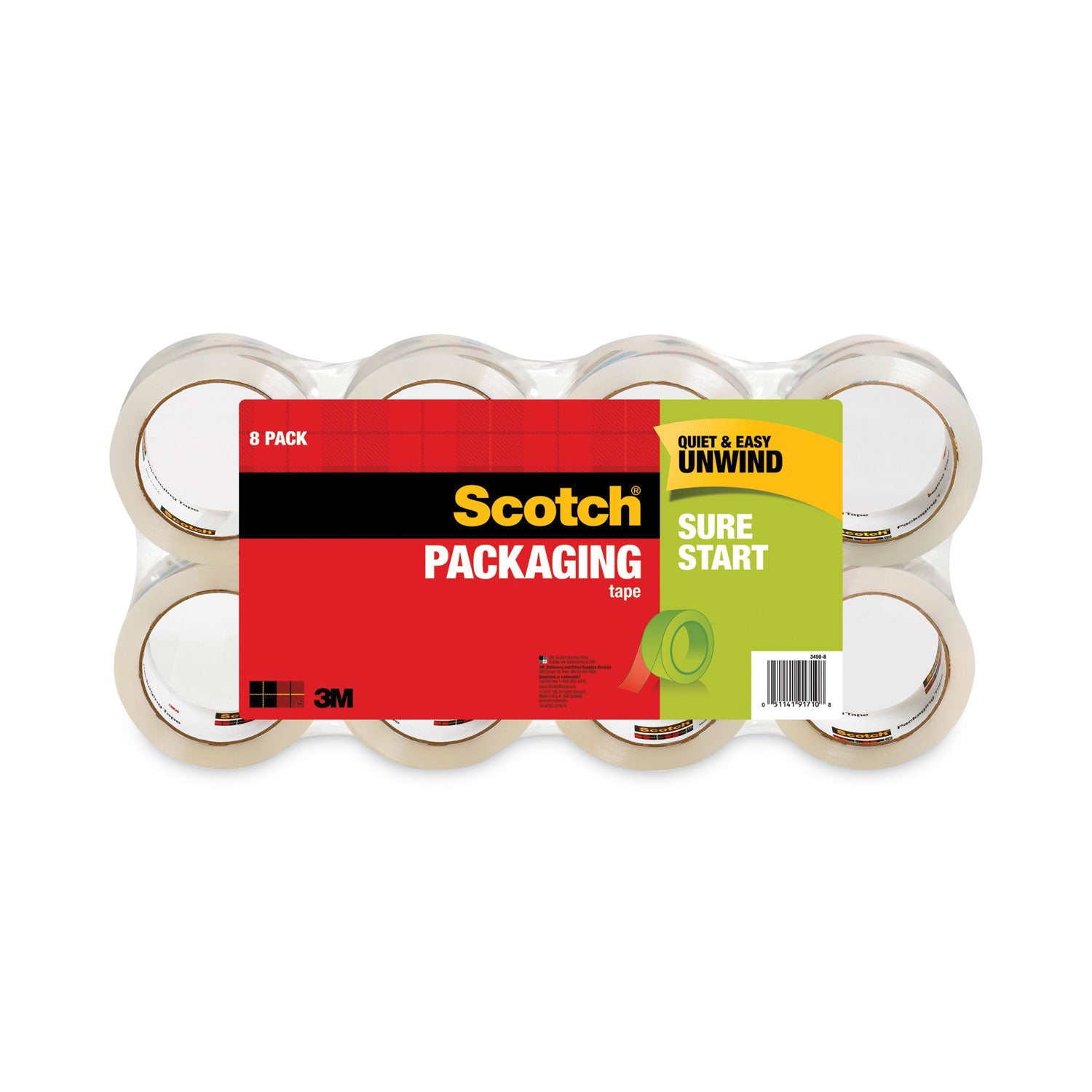Sure Start Packaging Tape, 3" Core, 1.88" x 54.6 yds, Clear, 8/Pack - 