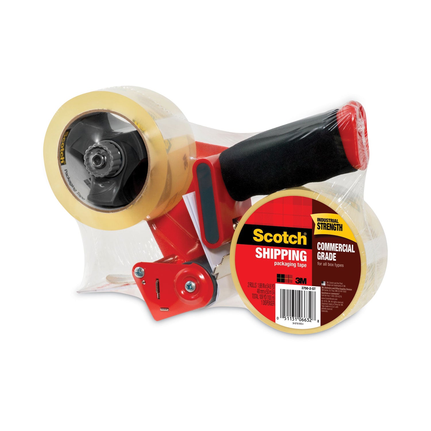 Packaging Tape Dispenser with Two Rolls of Tape, 3" Core, For Rolls Up to 0.75" x 60 yds, Red - 