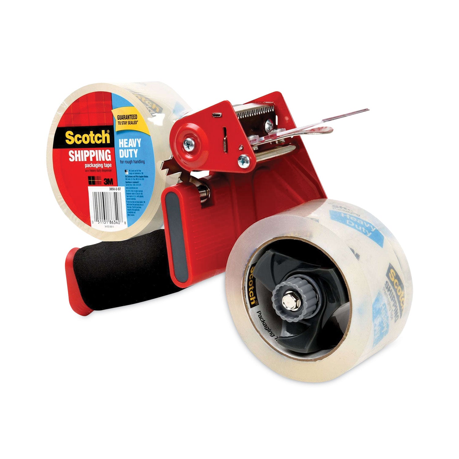 Packaging Tape Dispenser with Two Rolls of Tape, 3" Core, For Rolls Up to 2" x 60 yds, Red - 