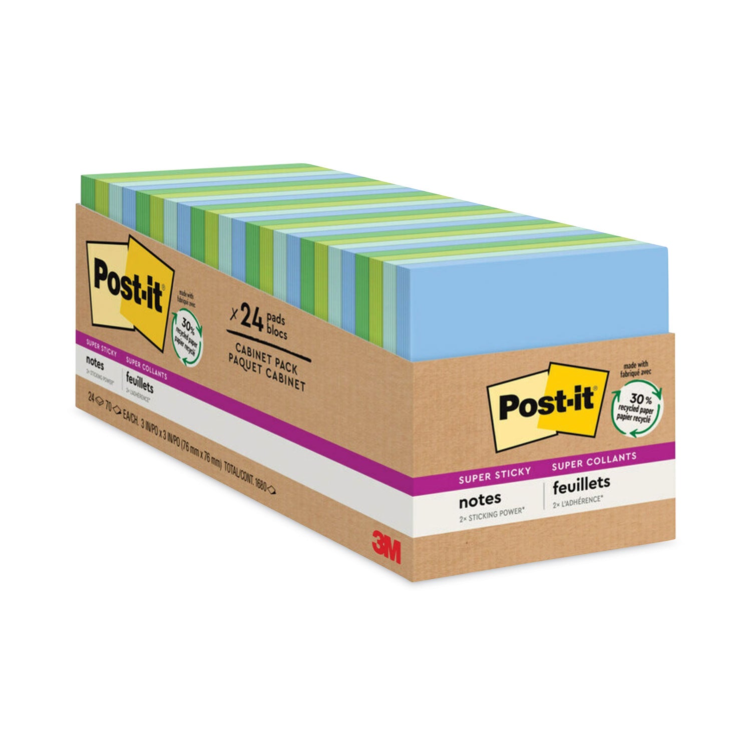 Recycled Notes in Oasis Collection Colors, Cabinet Pack, 3 x 3, 70 Sheets/Pad, 24 Pads/Pack - 
