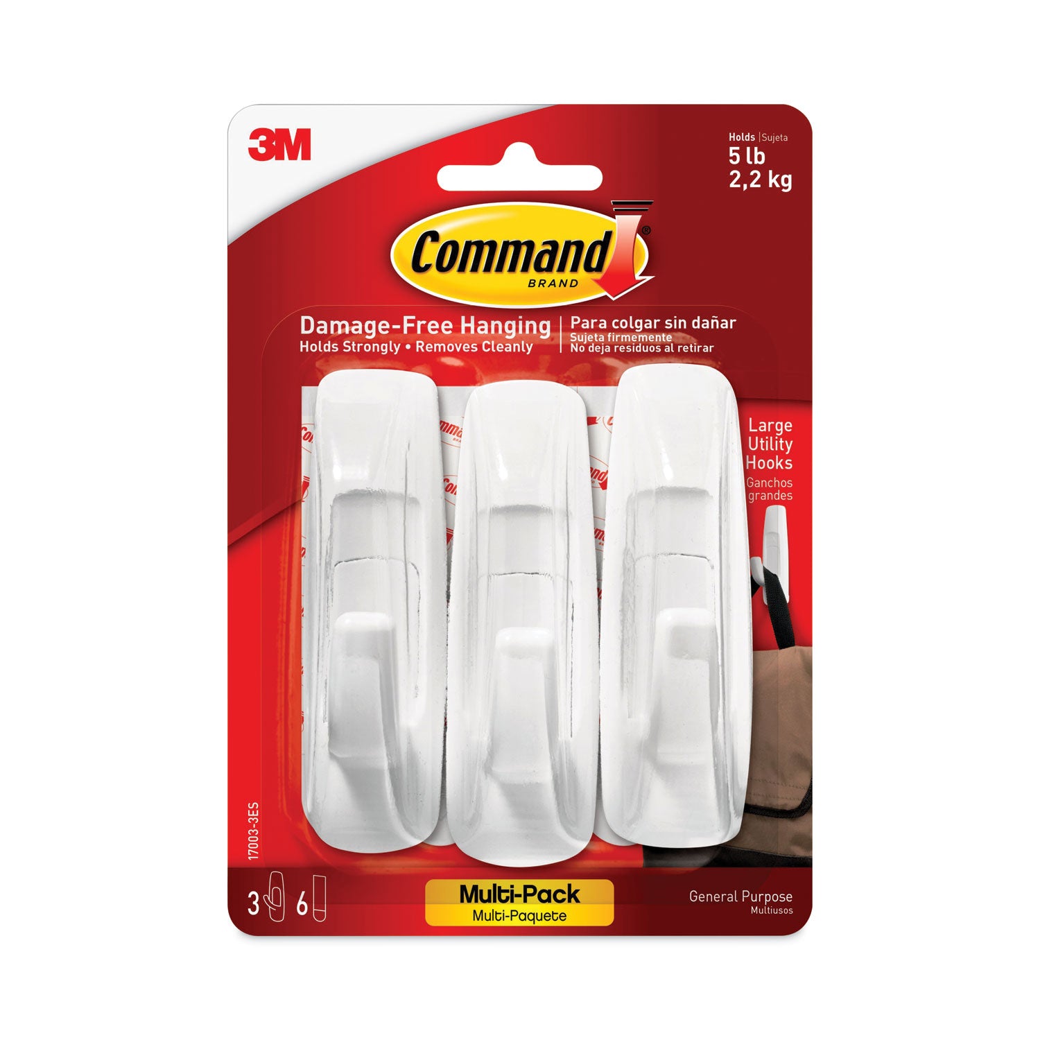 General Purpose Hooks Multi-Pack, Large, Plastic, White, 5 lb Capacity, 3 Hooks and 6 Strips/Pack