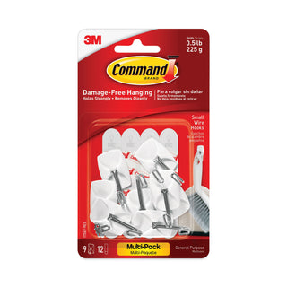 General Purpose Wire Hooks Multi-Pack, Small, Metal, White, 0.5 lb Capacity, 9 Hooks and 12 Strips/Pack