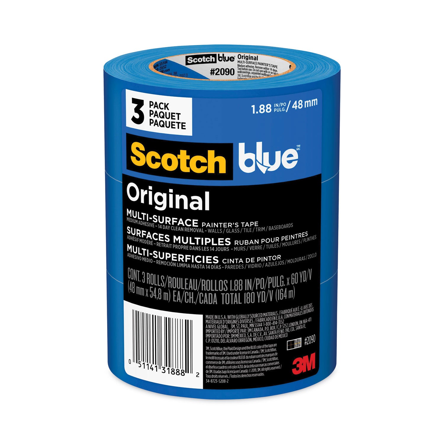 Original Multi-Surface Painter's Tape, 3" Core, 1.88" x 60 yds, Blue, 3/Pack - 