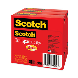 Transparent Tape, 3" Core, 1" x 72 yds, Transparent, 3/Pack