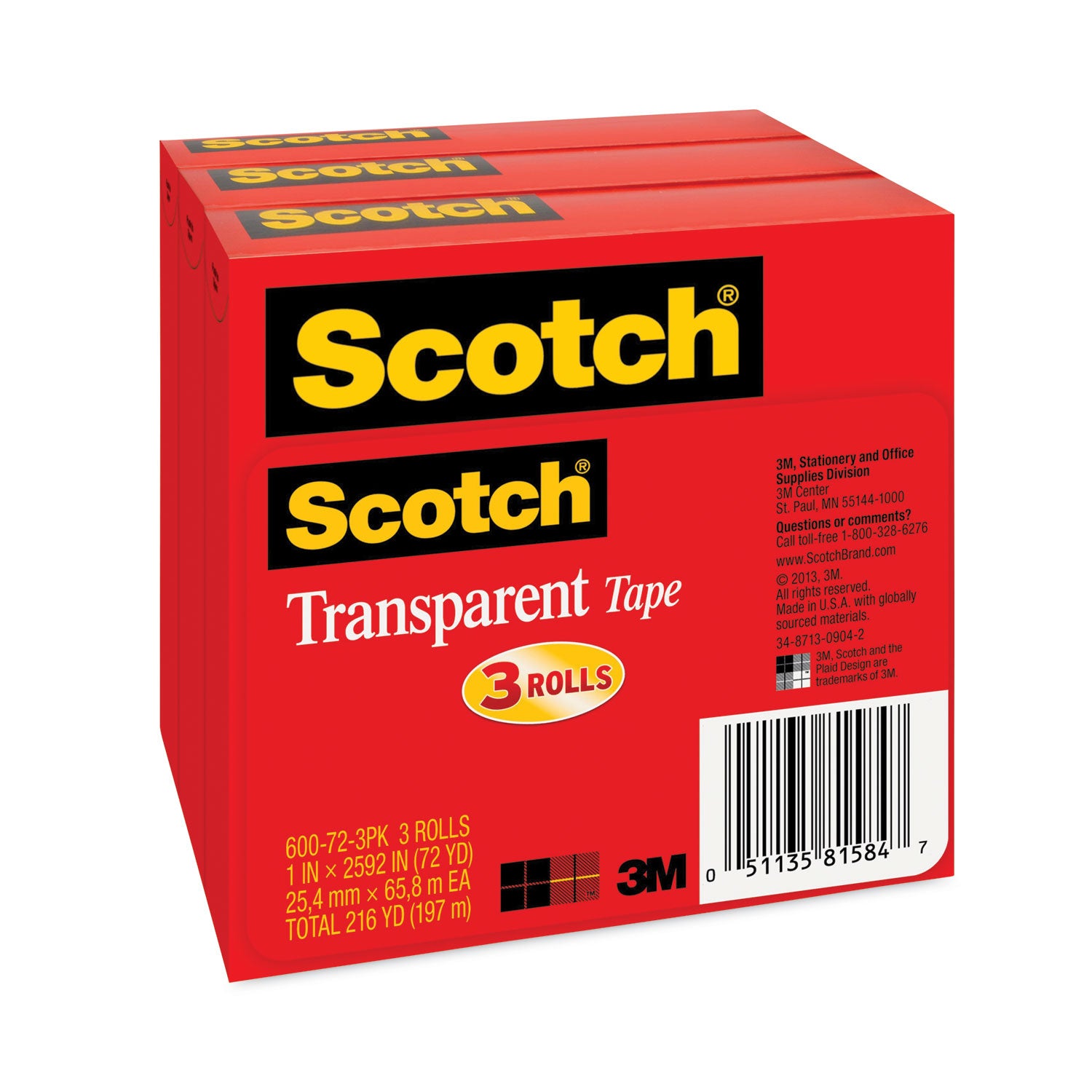 Transparent Tape, 3" Core, 1" x 72 yds, Transparent, 3/Pack