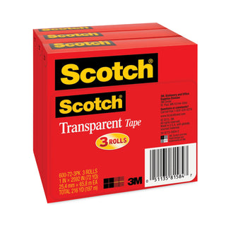 Transparent Tape, 3" Core, 1" x 72 yds, Transparent, 3/Pack
