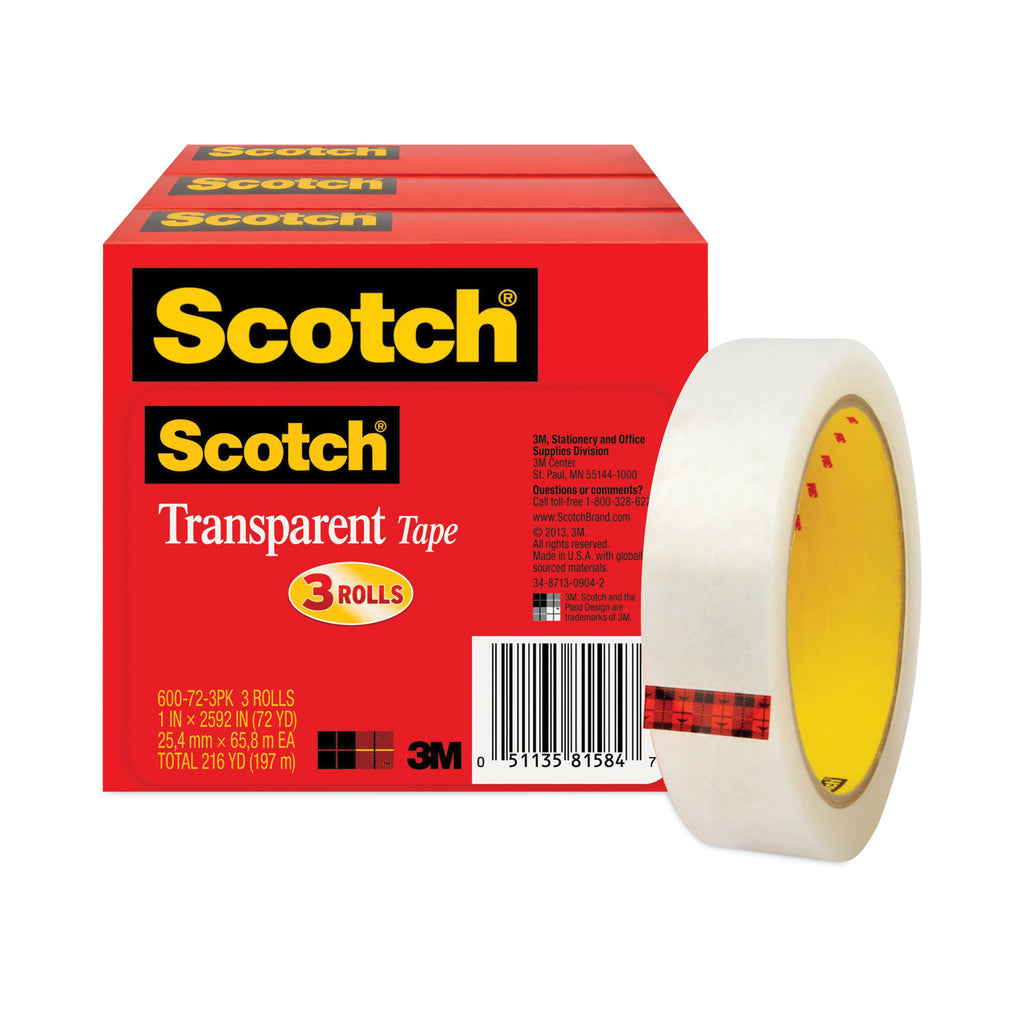 Transparent Tape, 3" Core, 1" x 72 yds, Transparent, 3/Pack