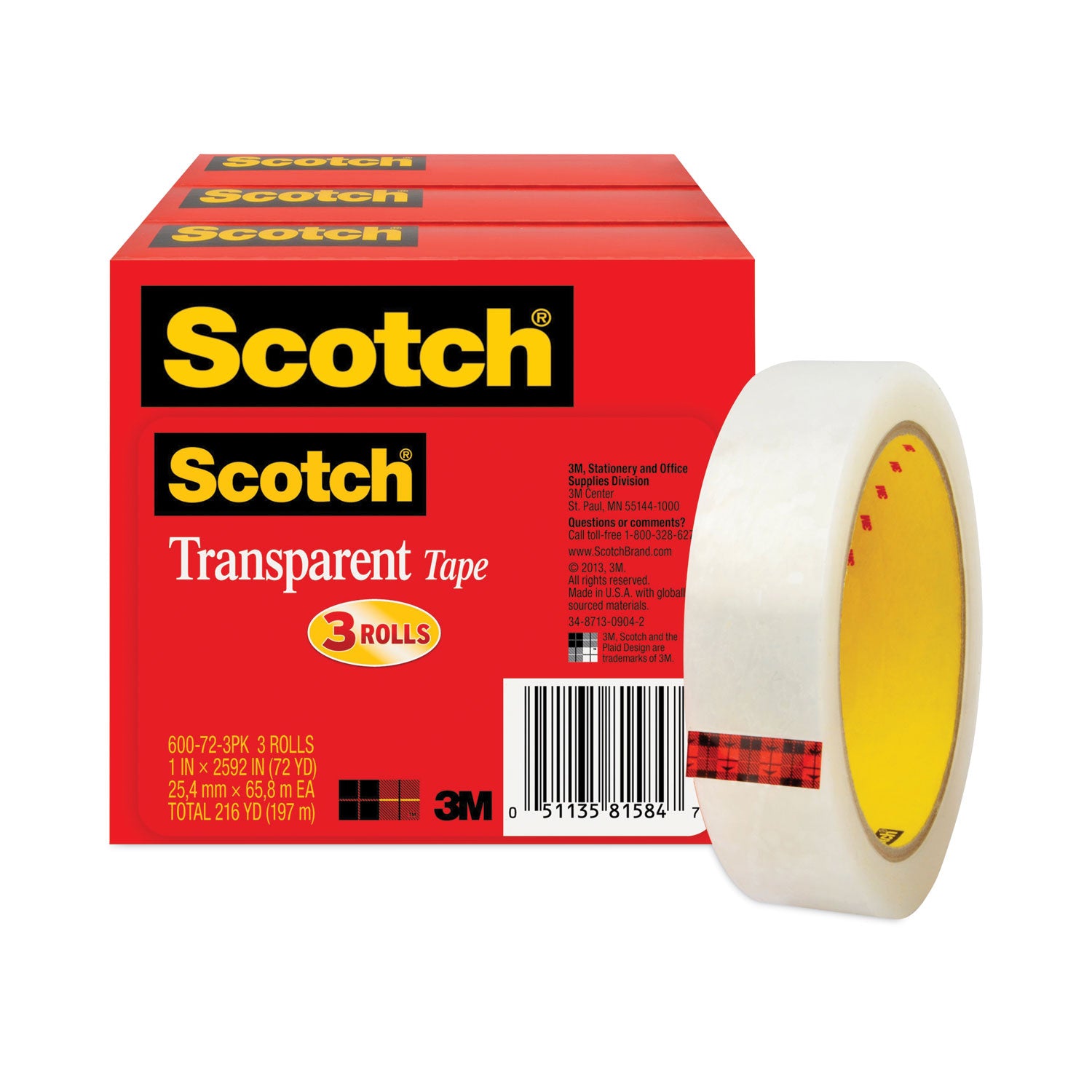 Transparent Tape, 3" Core, 1" x 72 yds, Transparent, 3/Pack
