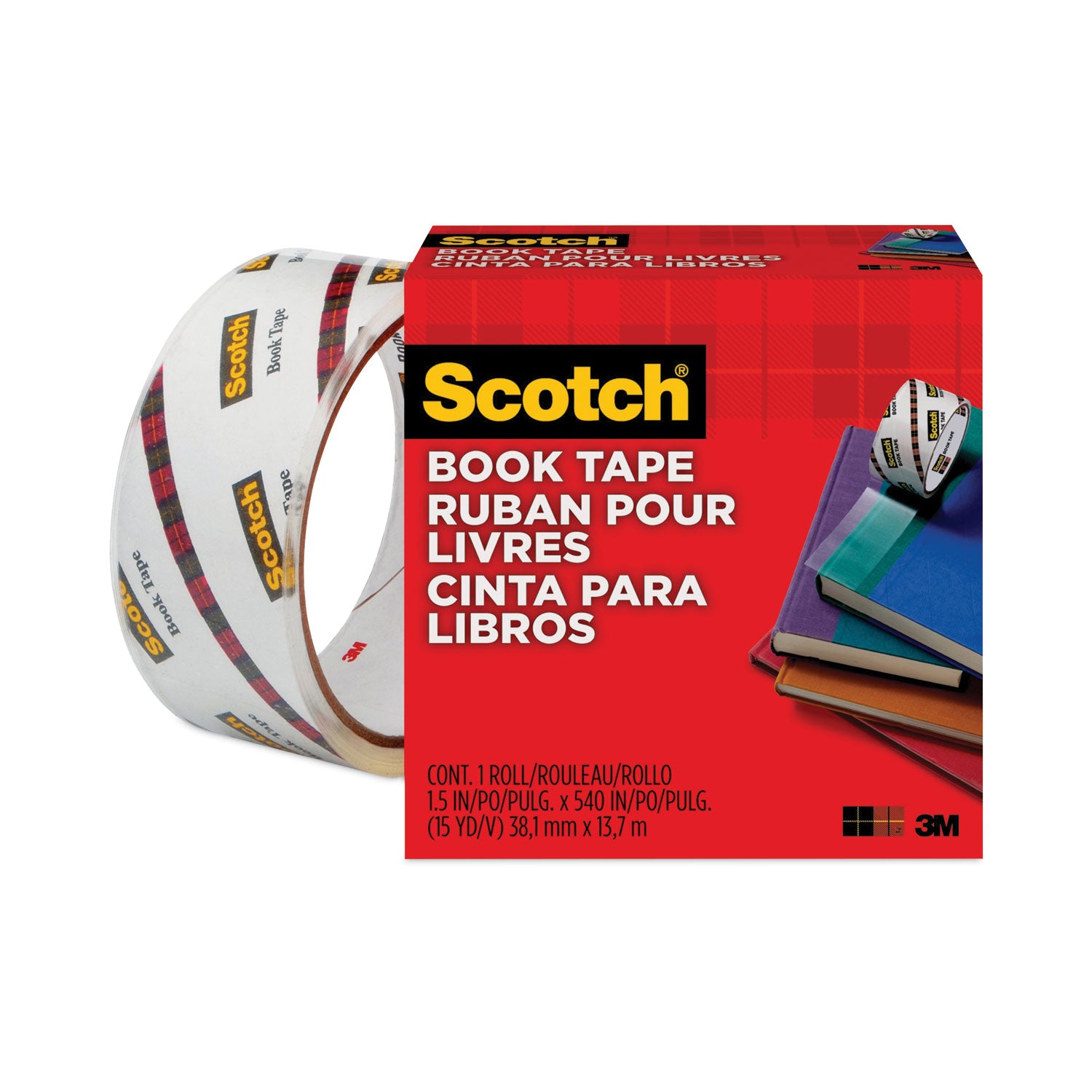 Book Tape, 3" Core, 1.5" x 15 yds, Clear