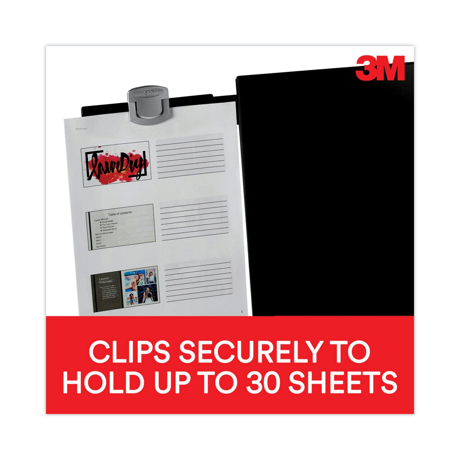 Swing Arm Copyholder, Adhesive Monitor Mount, 30 Sheet Capacity, Plastic, Black/Silver Clip