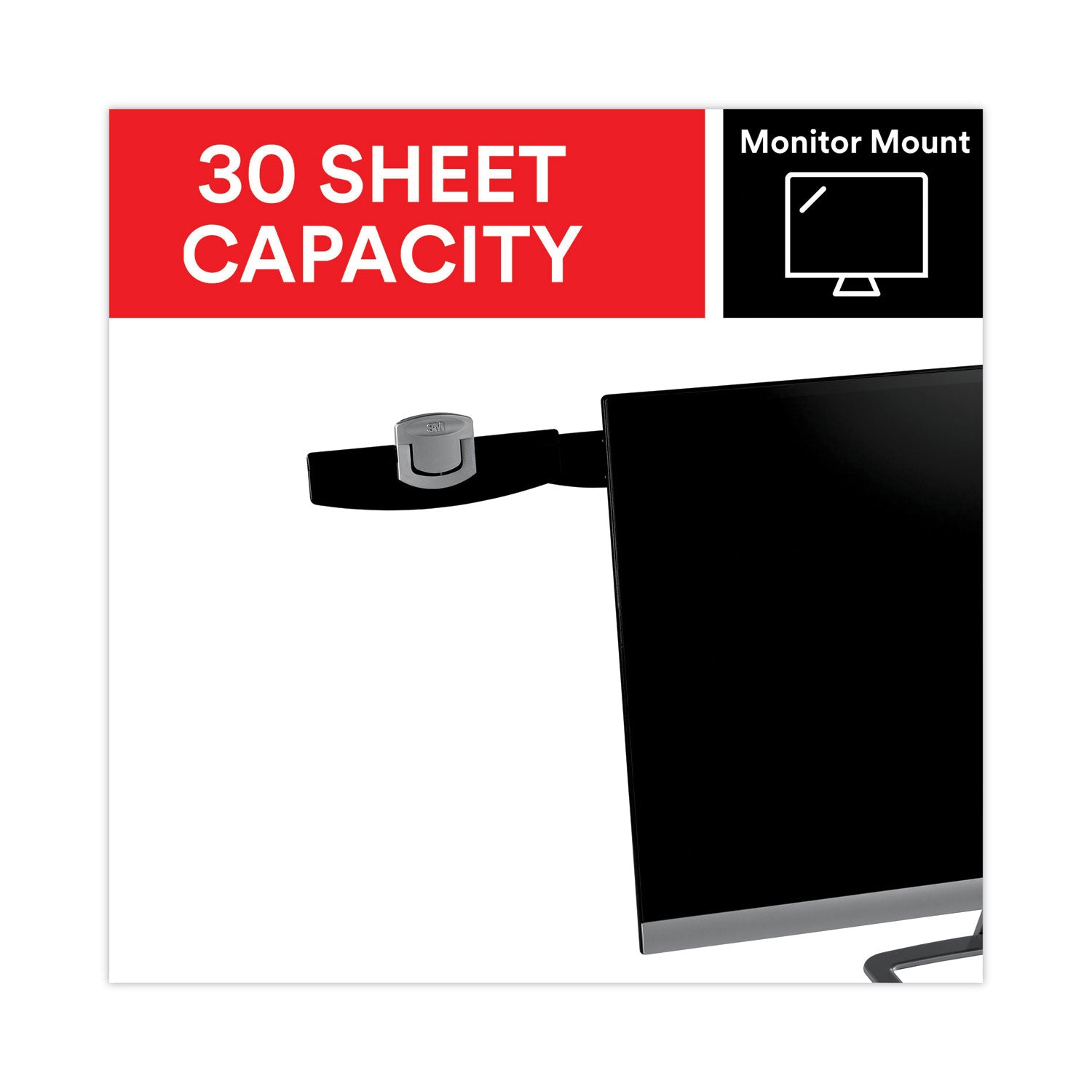 Swing Arm Copyholder, Adhesive Monitor Mount, 30 Sheet Capacity, Plastic, Black/Silver Clip - 