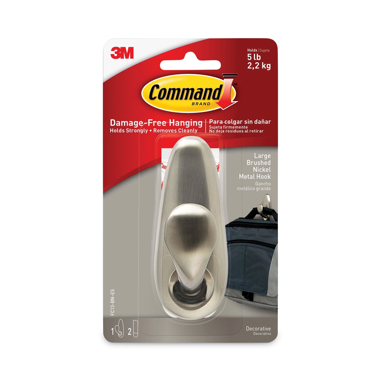 Adhesive Mount Metal Hook, Large, Brushed Nickel Finish, 5 lb Capacity, 1 Hook and 2 Strips/Pack
