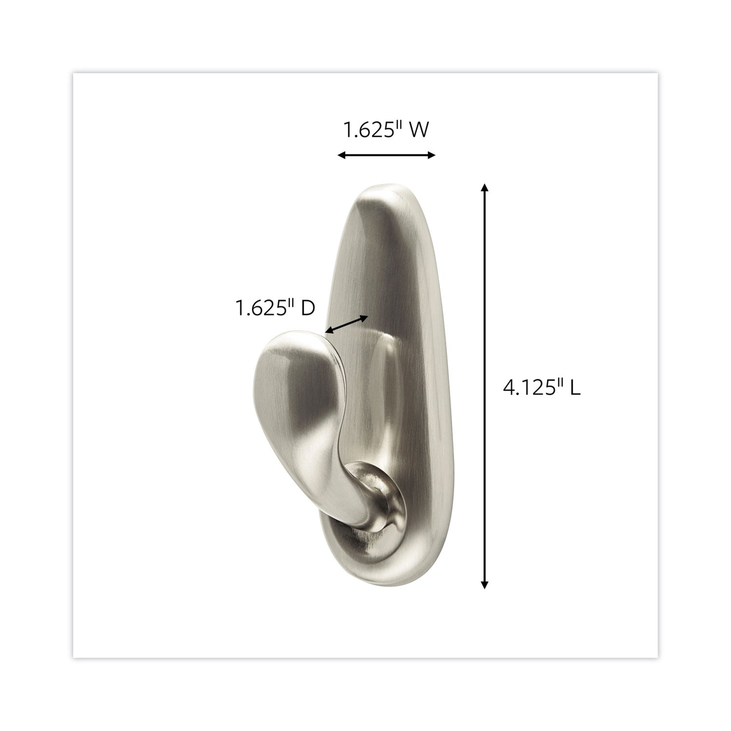 Adhesive Mount Metal Hook, Large, Brushed Nickel Finish, 5 lb Capacity, 1 Hook and 2 Strips/Pack