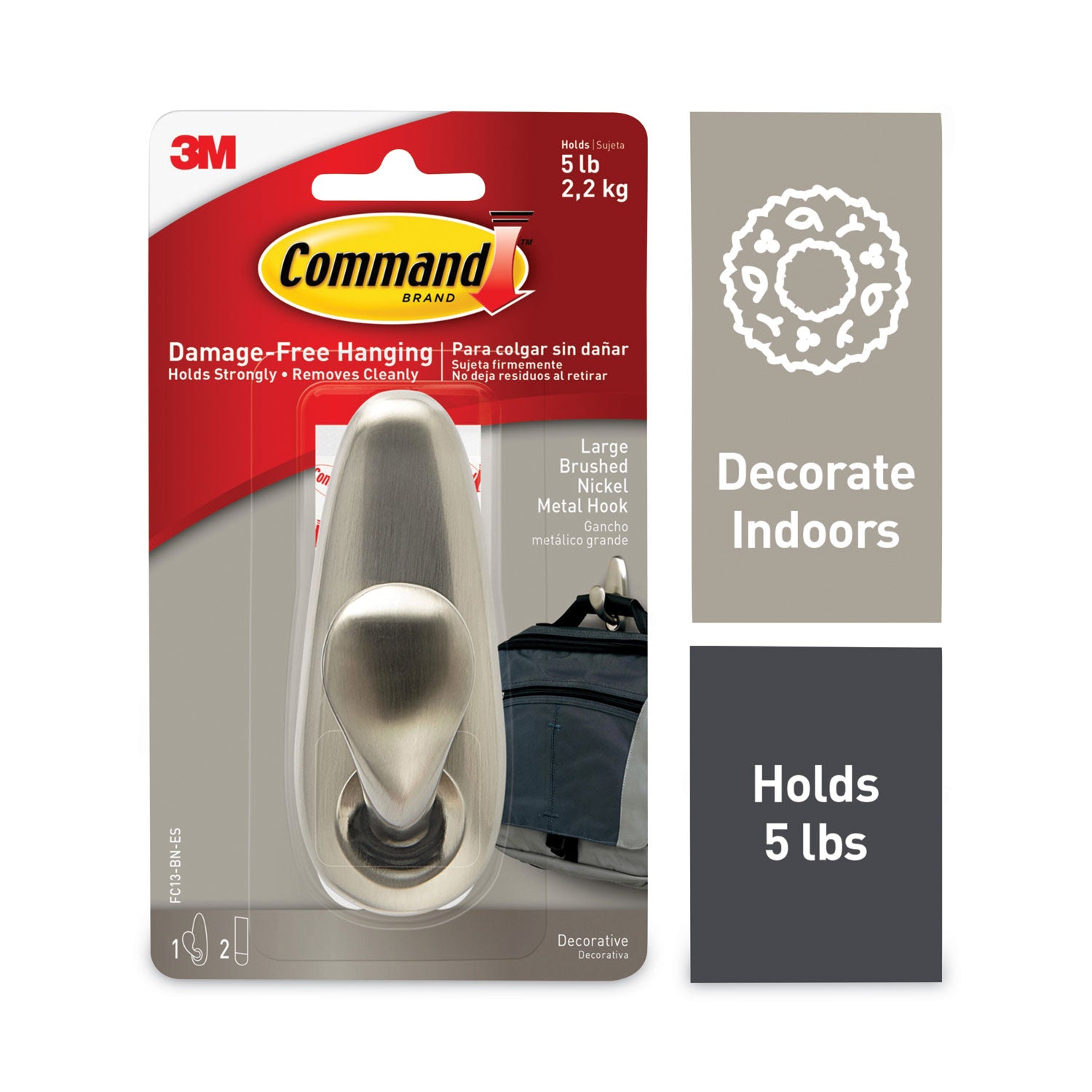 adhesive-mount-metal-hook-large-brushed-nickel-finish-5-lb-capacity-1-hook-and-2-strips-pack_mmmfc13bnes - 1