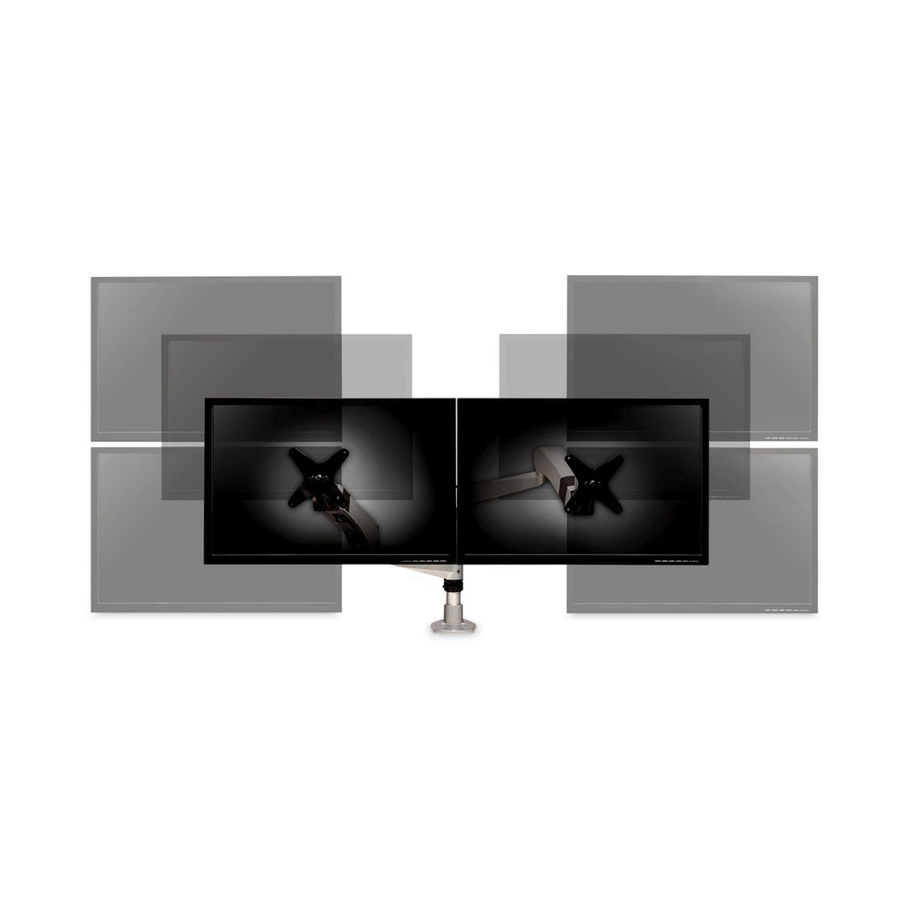Easy-Adjust Desk Dual Arm Mount for 27" Monitors, 360 deg Rotation, +90/-15 deg Tilt, 360 deg Pan, Silver, Supports 20 lb