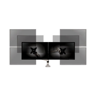 Easy-Adjust Desk Dual Arm Mount for 27" Monitors, 360 deg Rotation, +90/-15 deg Tilt, 360 deg Pan, Silver, Supports 20 lb