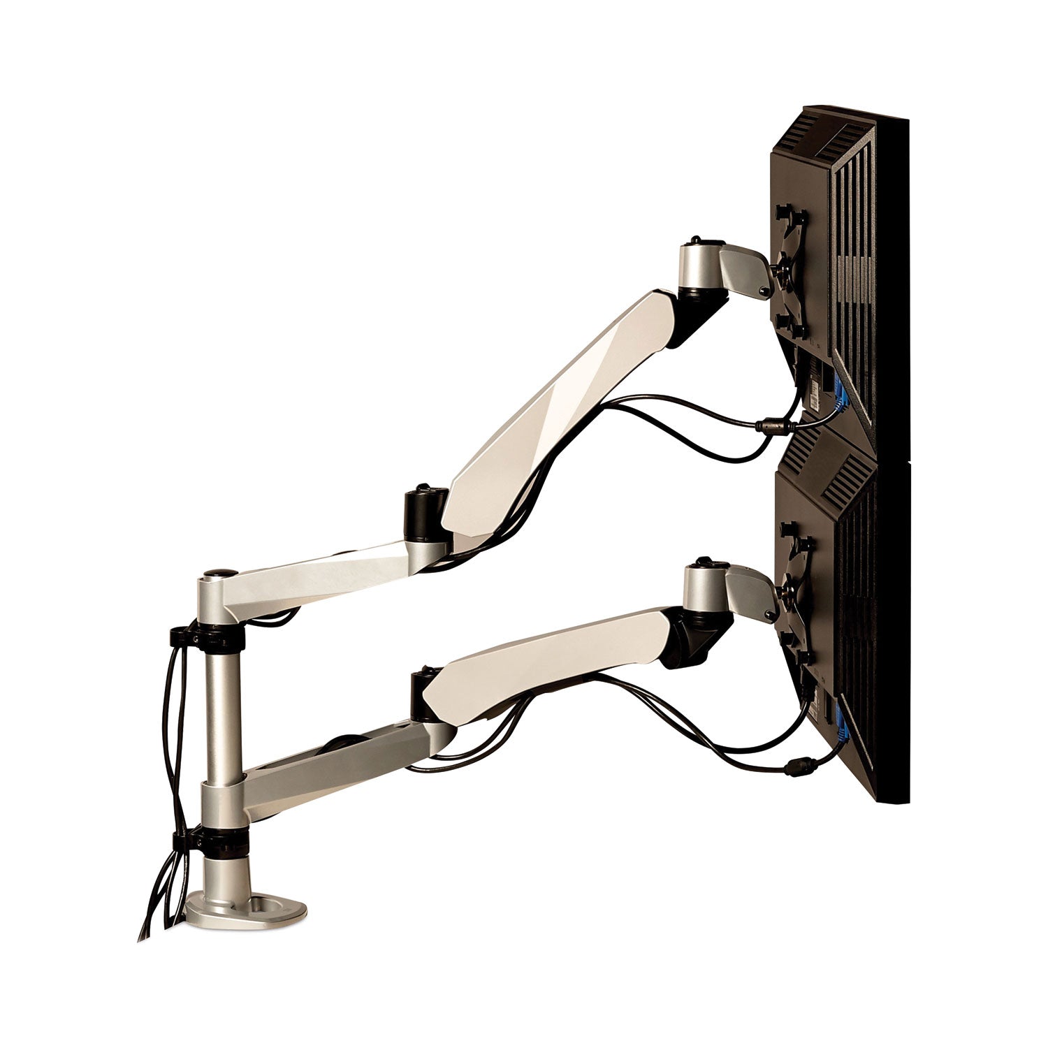 Easy-Adjust Desk Dual Arm Mount for 27" Monitors, 360 deg Rotation, +90/-15 deg Tilt, 360 deg Pan, Silver, Supports 20 lb - 