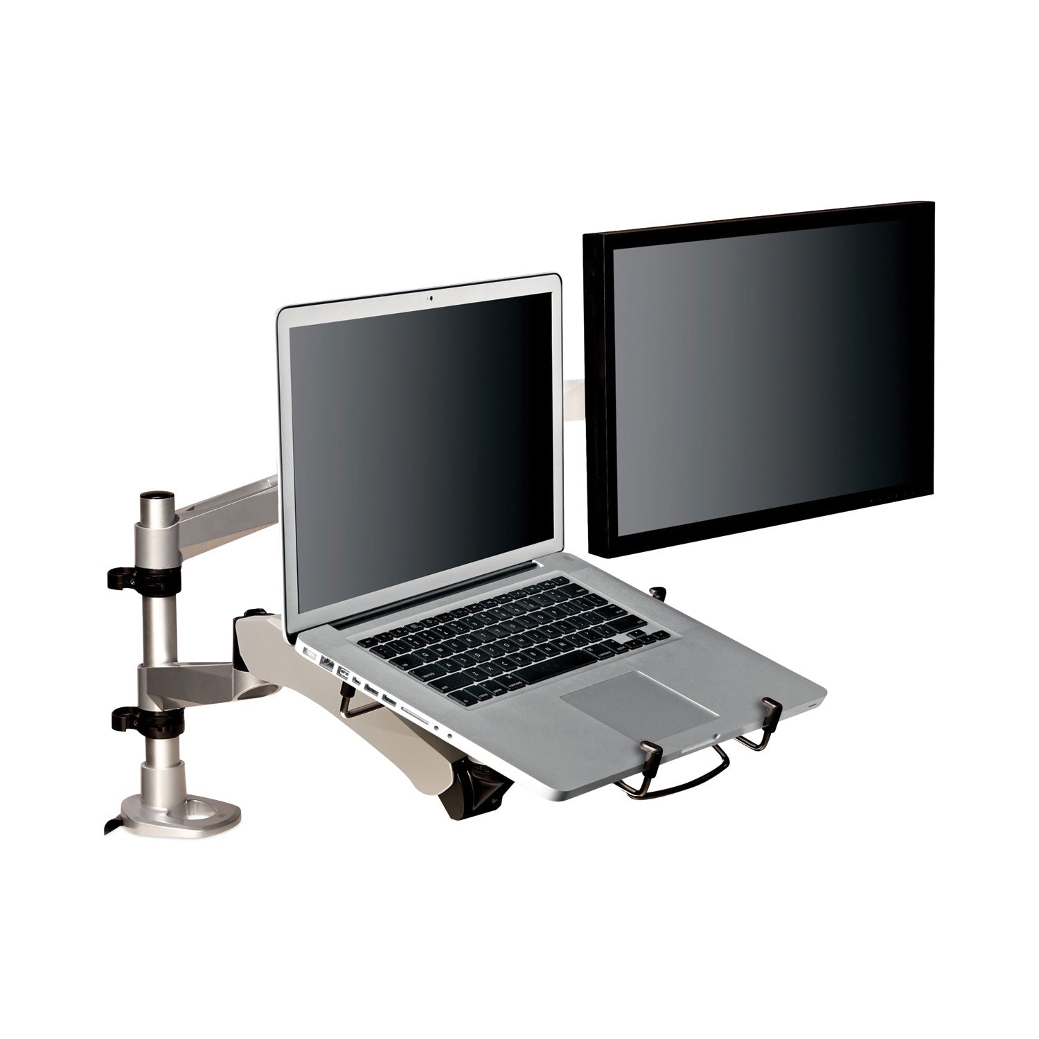 Easy-Adjust Desk Dual Arm Mount for 27" Monitors, 360 deg Rotation, +90/-15 deg Tilt, 360 deg Pan, Silver, Supports 20 lb