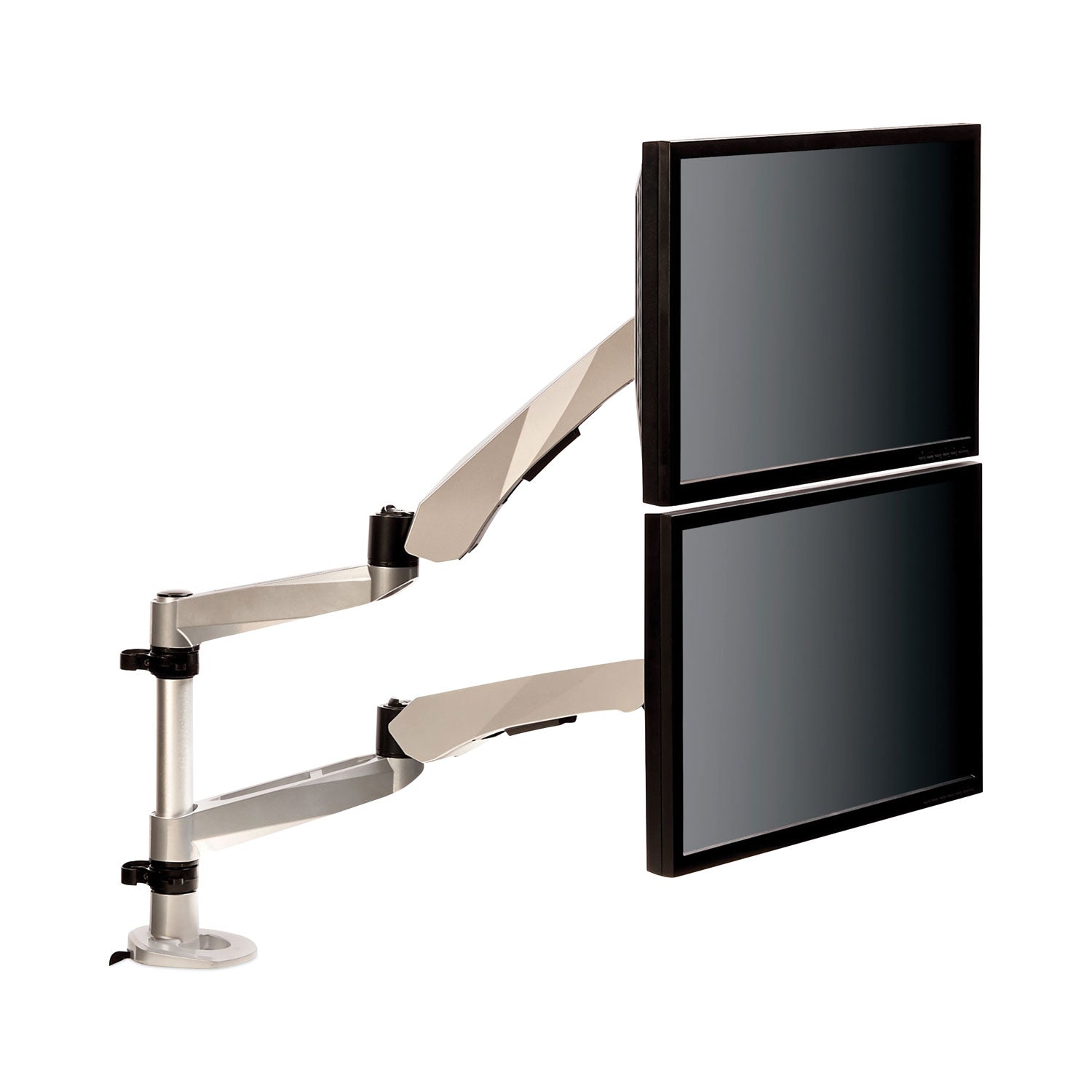 Easy-Adjust Desk Dual Arm Mount for 27" Monitors, 360 deg Rotation, +90/-15 deg Tilt, 360 deg Pan, Silver, Supports 20 lb