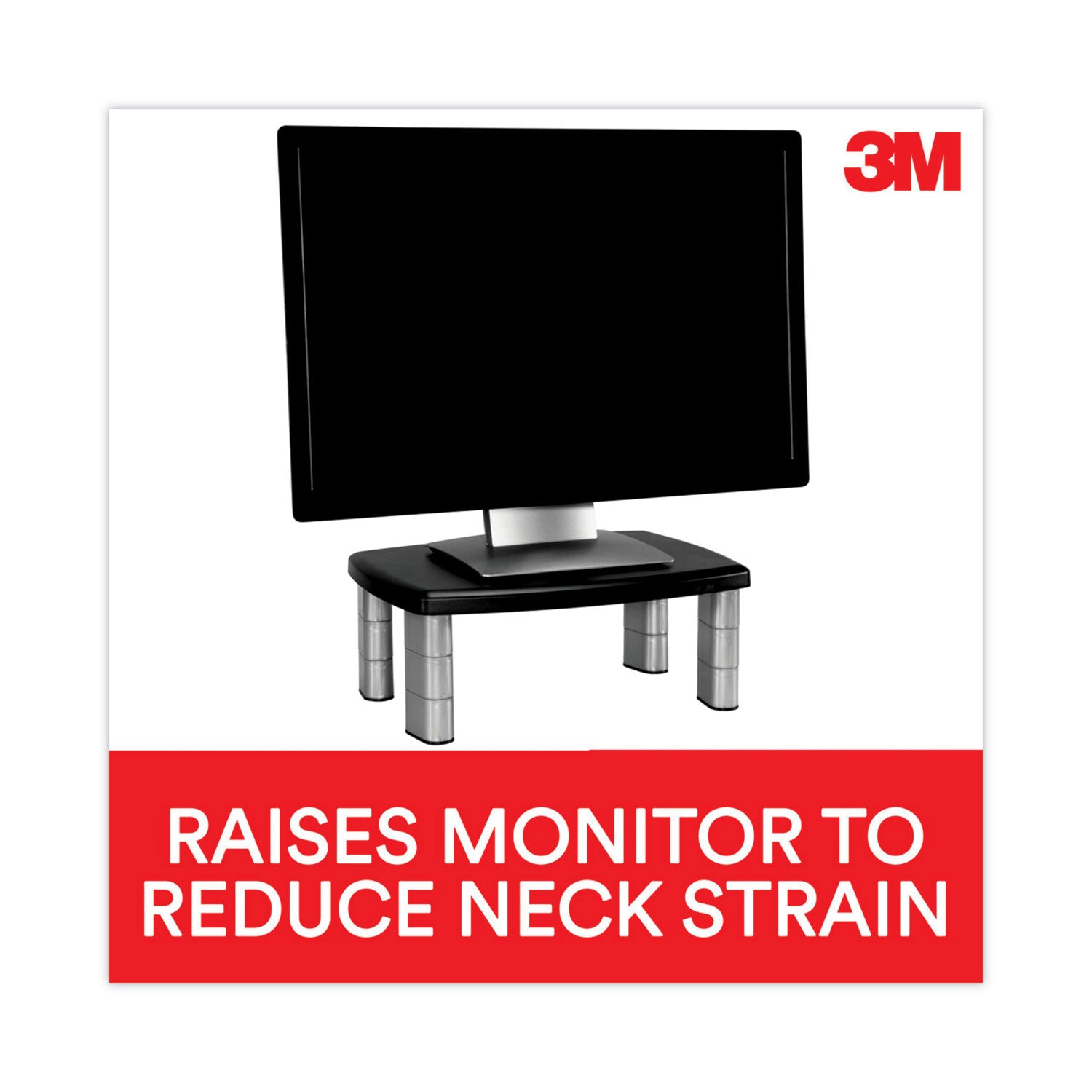 Adjustable Height Monitor Stand, 15" x 12" x 2.63" to 5.78", Black/Silver, Supports 80 lbs