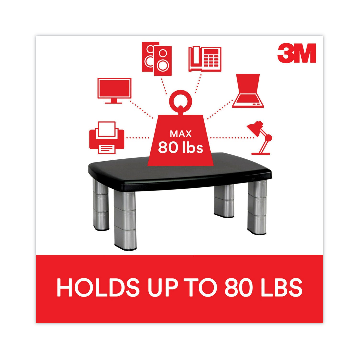 Adjustable Height Monitor Stand, 15" x 12" x 2.63" to 5.78", Black/Silver, Supports 80 lbs