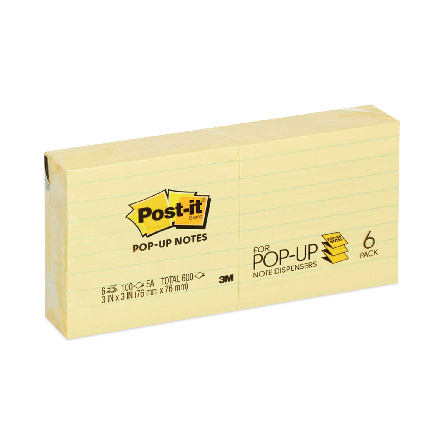 Original Canary Yellow Pop-up Refill, Note Ruled, 3" x 3", Canary Yellow, 100 Sheets/Pad, 6 Pads/Pack - 