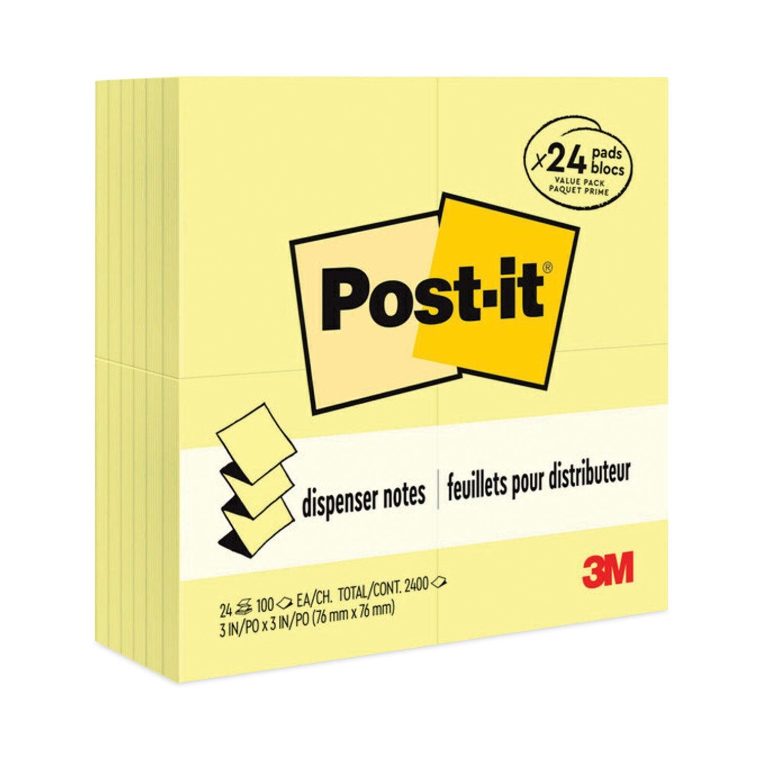 Original Canary Yellow Pop-up Refill Value Pack, 3" x 3", Canary Yellow, 100 Sheets/Pad, 24 Pads/Pack - 