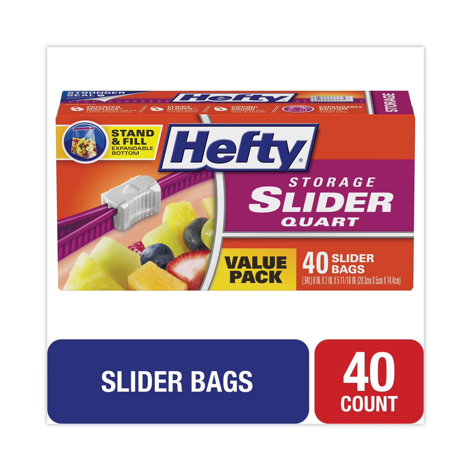 Slider Bags, 1 qt, 1.5 mil, 8" x 7", Clear, 40/Box