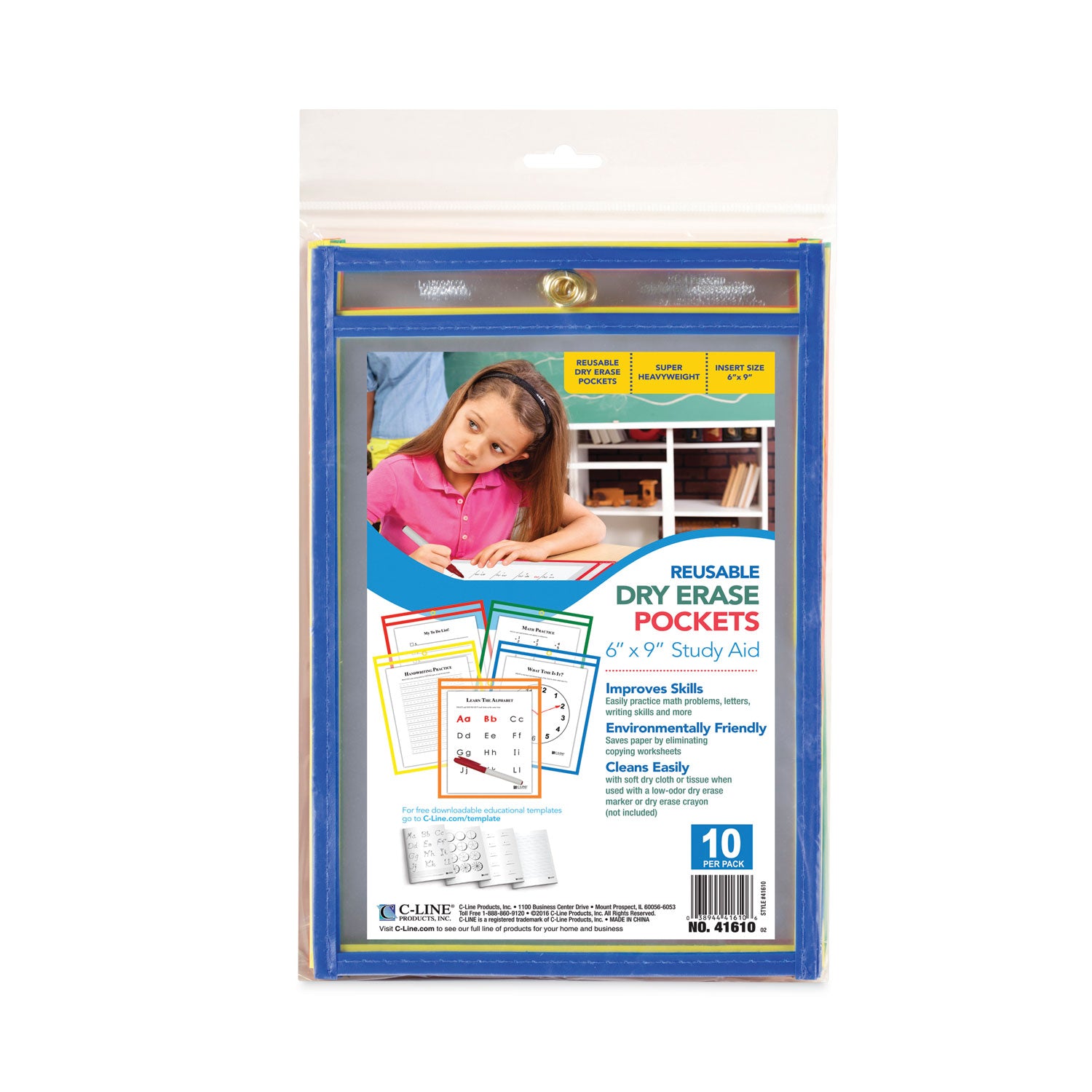 Reusable Dry Erase Pockets, 6 x 9, Assorted Primary Colors, 10/Pack