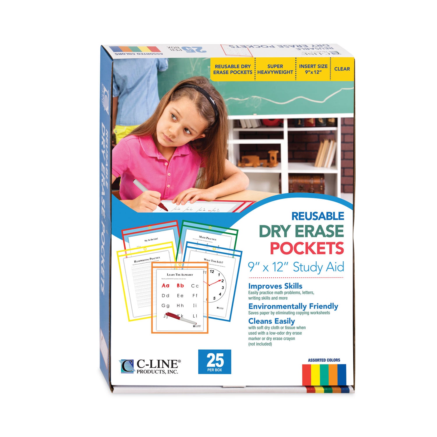 Reusable Dry Erase Pockets, 9 x 12, Assorted Primary Colors, 25/Box - 