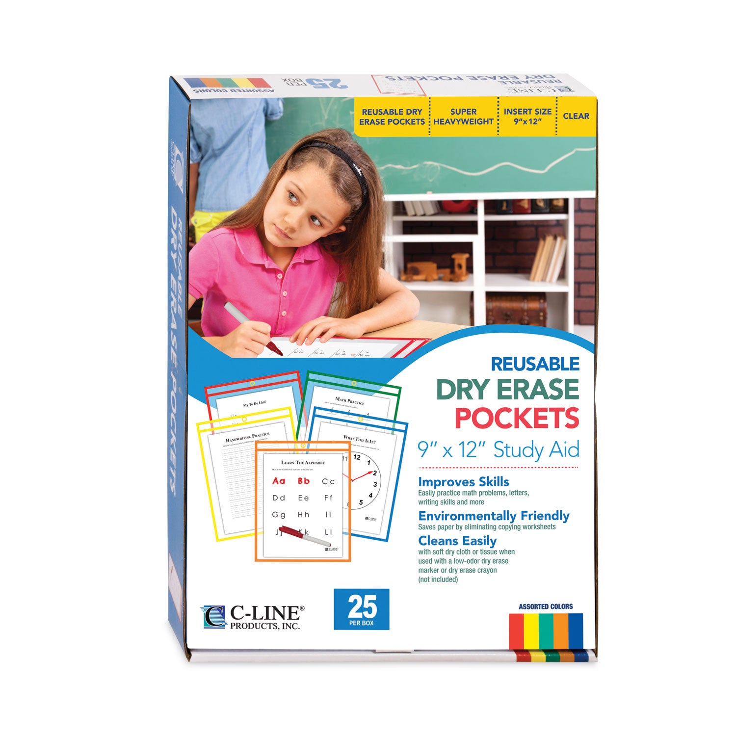 Reusable Dry Erase Pockets, 9 x 12, Assorted Primary Colors, 25/Box