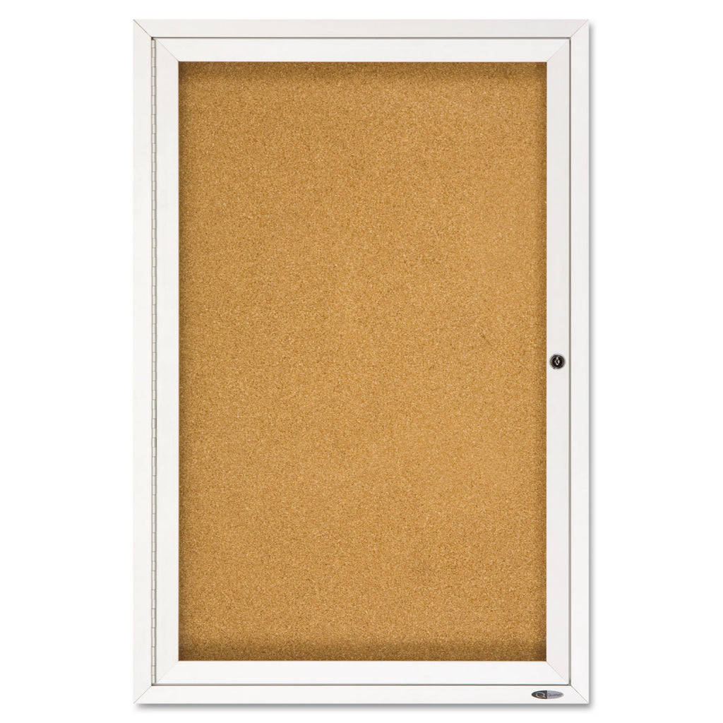Enclosed Indoor Cork Bulletin Board with One Hinged Door, 24 x 36, Tan Surface, Silver Aluminum Frame - 