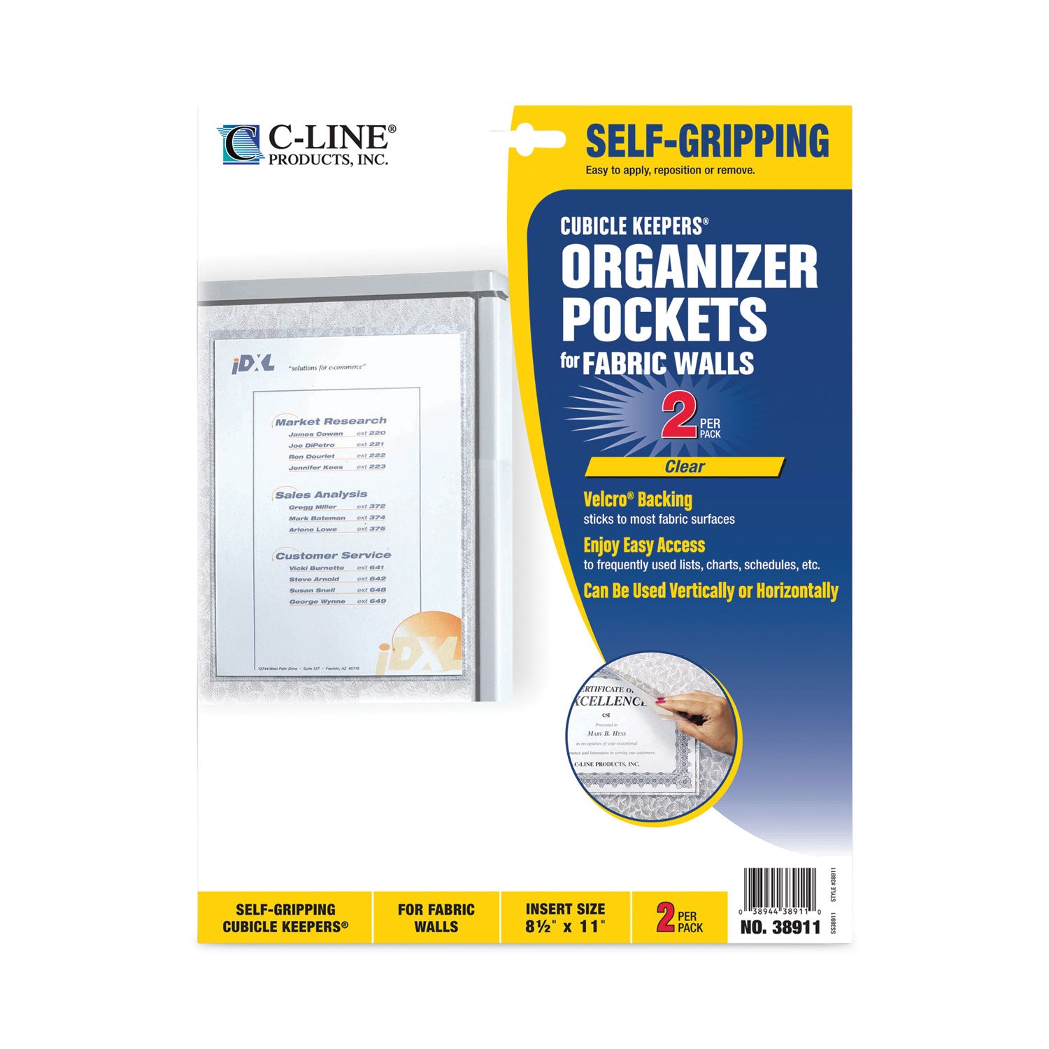 Cubicle Keepers Hook and Loop-Backed Display, 9.2 x 11.41, Velcro Mount, Clear, 2/Pack - 