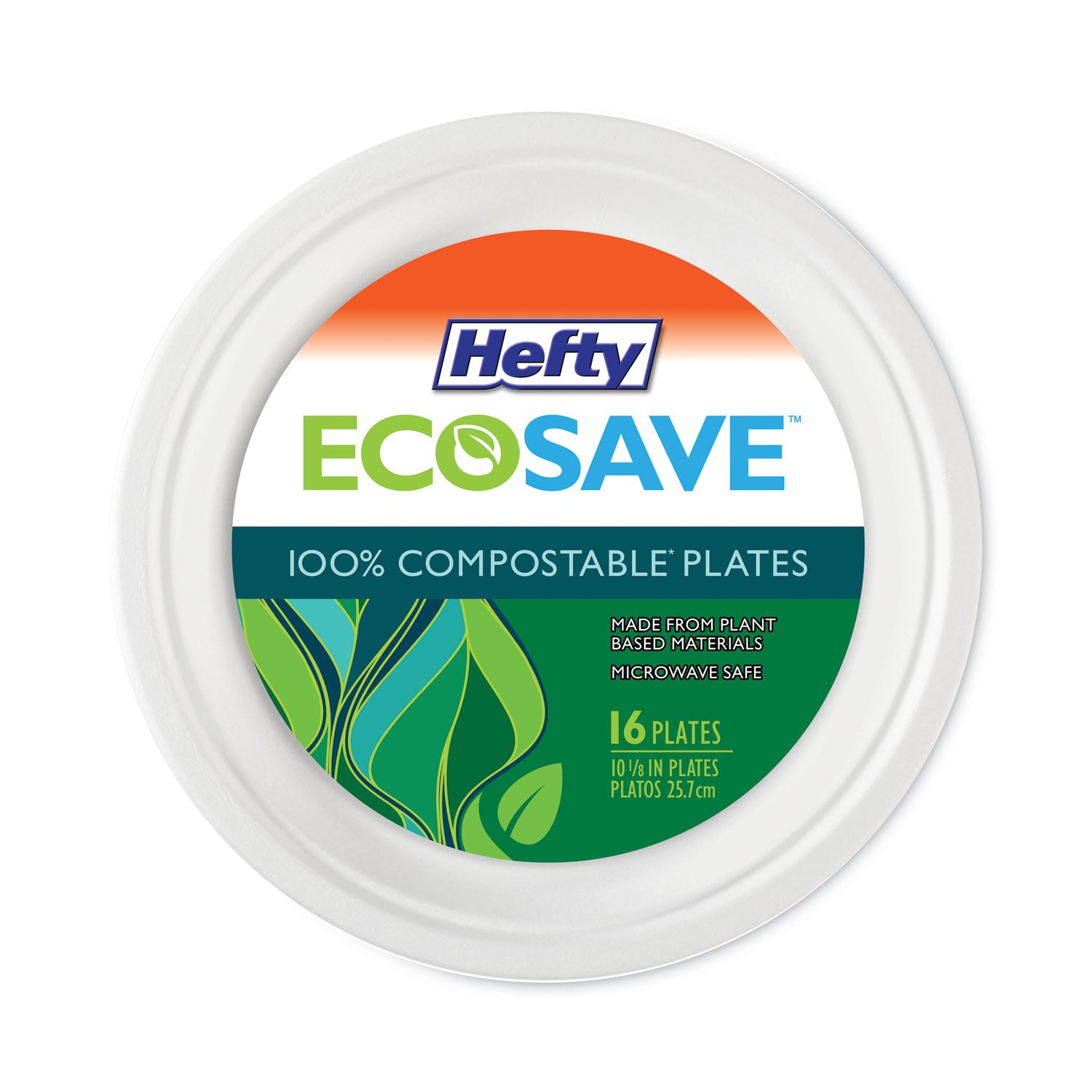 ECOSAVE Tableware, Plate, Bagasse, 10.13" dia, White, 16/Pack