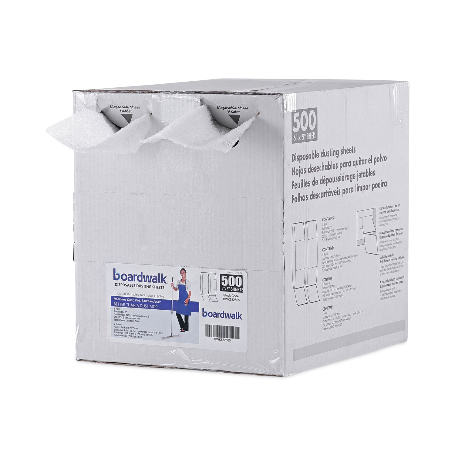 TrapEze Disposable Dusting Sheets, 5" x 125 ft, White, 250 Sheets/Roll, 2 Rolls/Carton