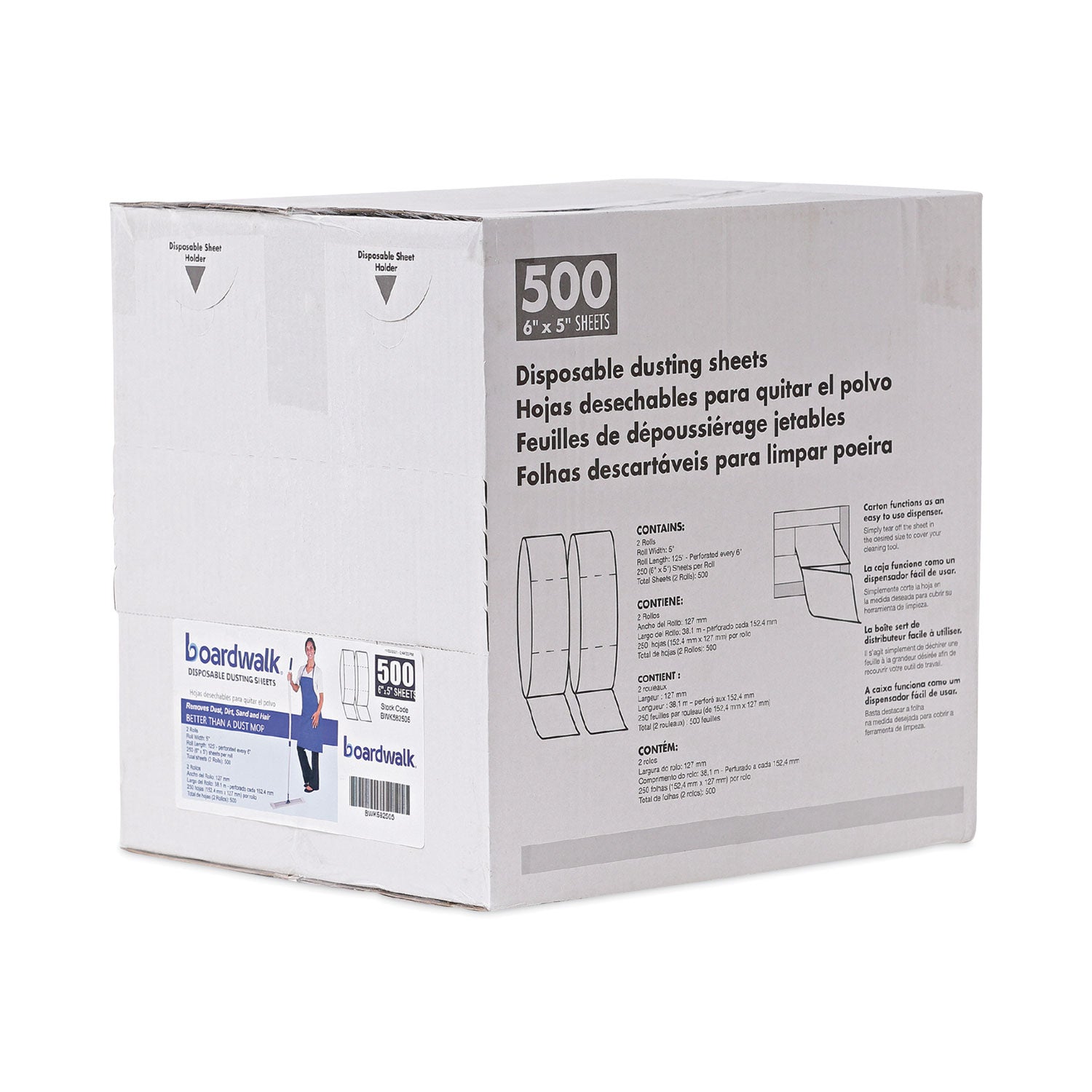 TrapEze Disposable Dusting Sheets, 5" x 125 ft, White, 250 Sheets/Roll, 2 Rolls/Carton