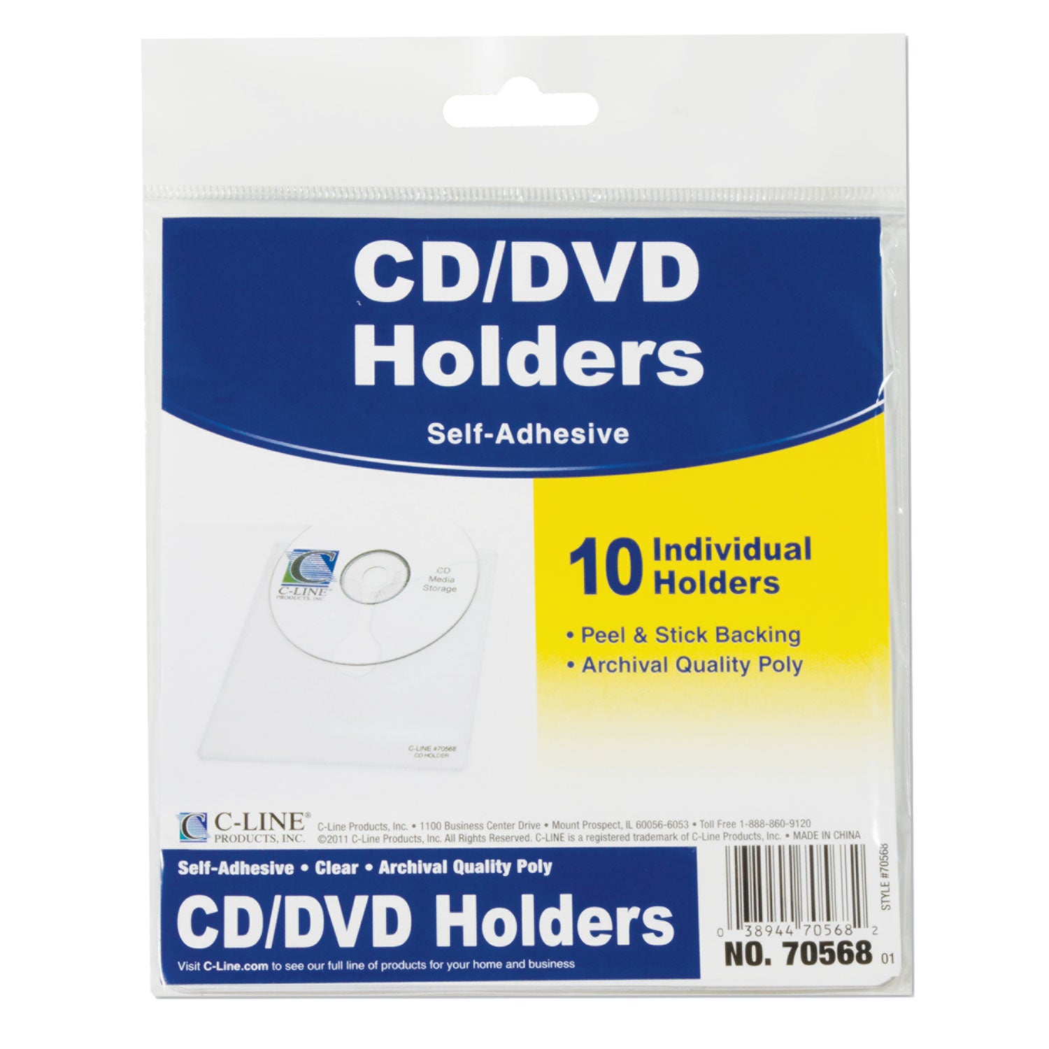 Self-Adhesive CD Holder, 1 Disc Capacity, Clear, 10/Pack - 