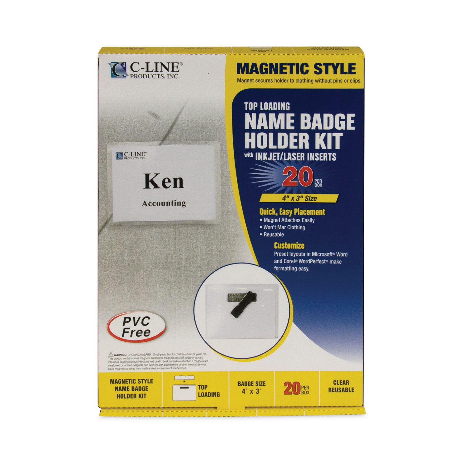 Magnetic Name Badge Holder Kit, Horizontal, 4w x 3h, Clear, 20/Box