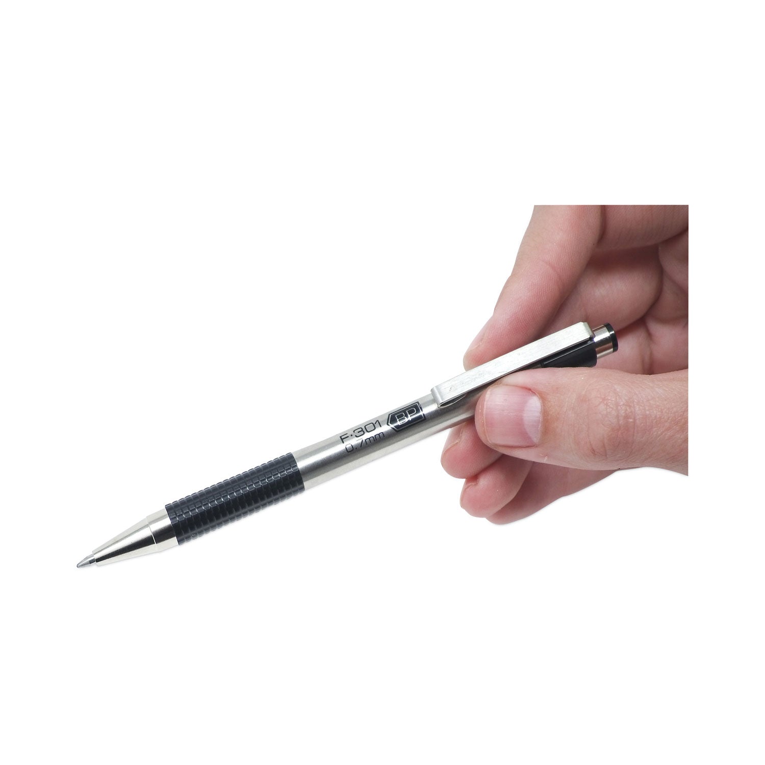 F-301 Ballpoint Pen, Retractable, Bold 1.6 mm, Black Ink, Stainless Steel/Black Barrel, 12/Pack - 