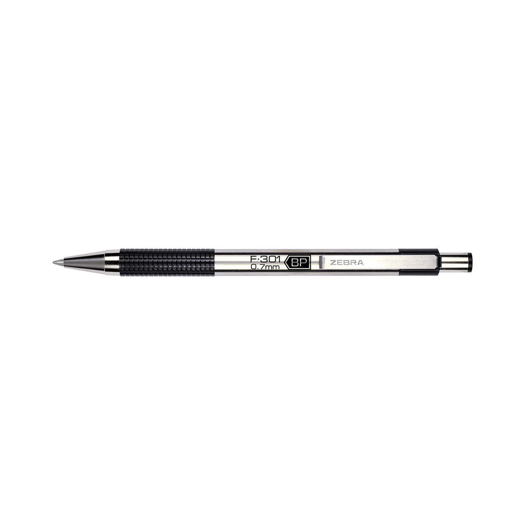 F-301 Ballpoint Pen, Retractable, Fine 0.7 mm, Black Ink, Stainless Steel/Black Barrel, 2/Pack