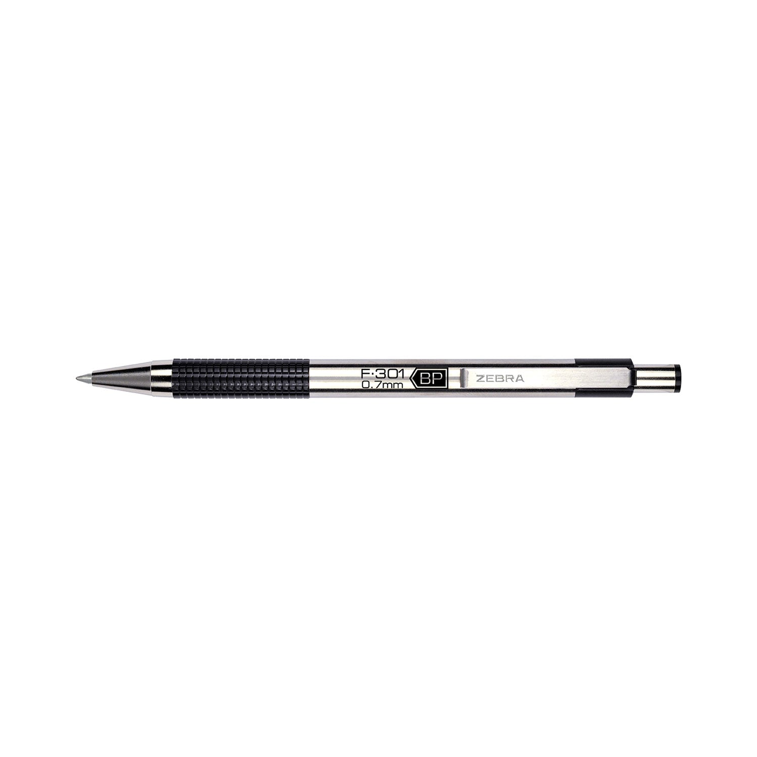 F-301 Ballpoint Pen, Retractable, Fine 0.7 mm, Black Ink, Stainless Steel/Black Barrel, 2/Pack - 